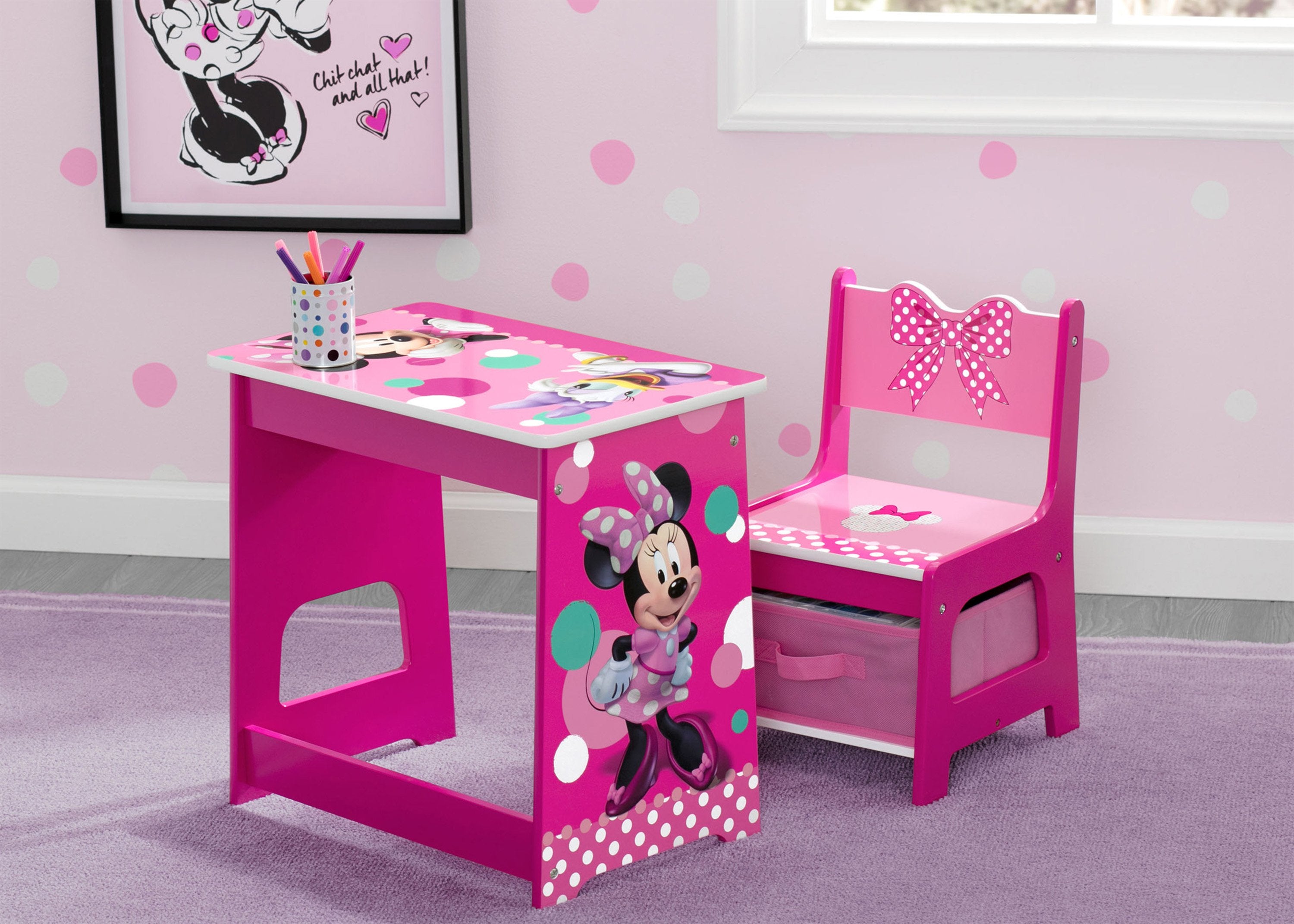 Minnie Mouse Kids Wooden Desk and Chair Set - Study & Play Furniture for Children's Room, Homework & Drawing Activities