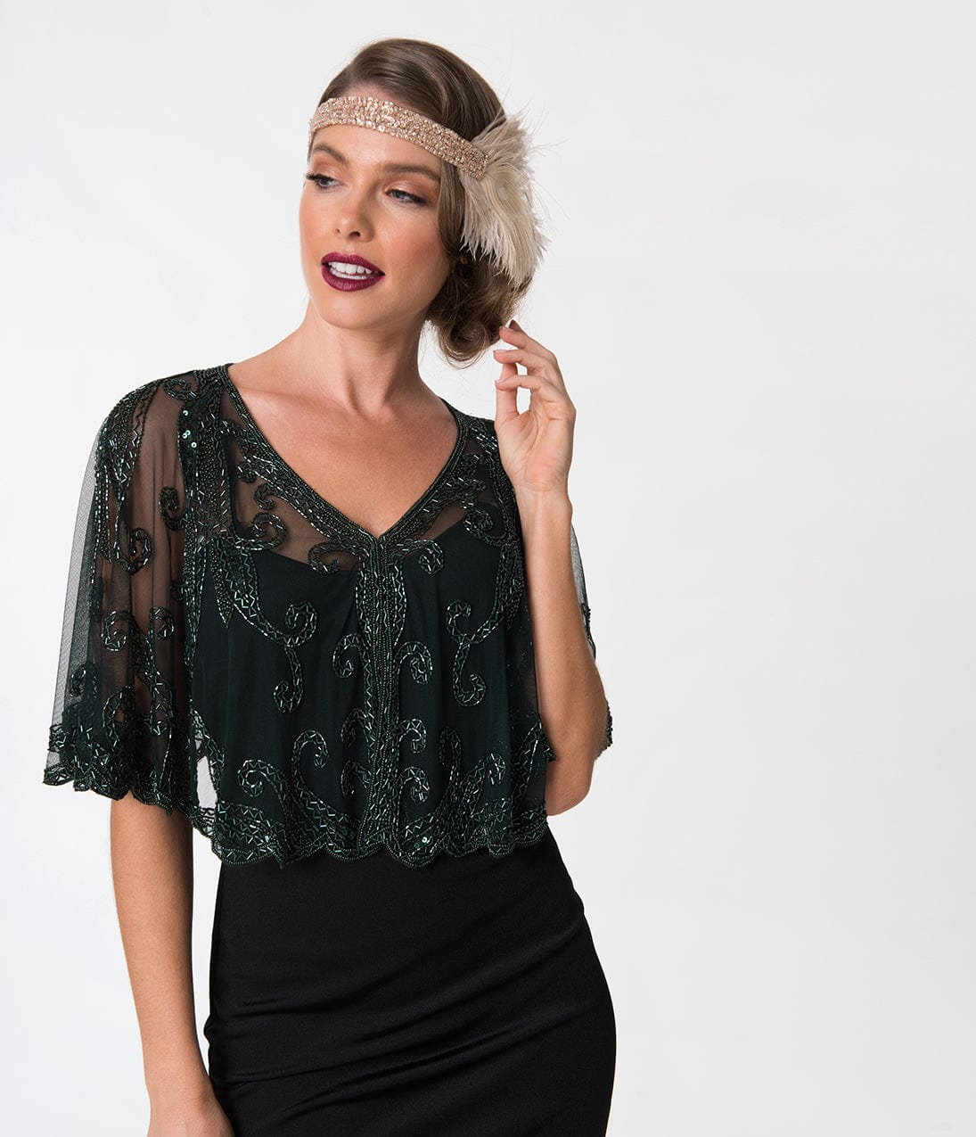 1920s Vintage Style Dark Green & Olive Beaded Sheer Mesh Capelet Shawl - Perfect for Gatsby Parties, Evening Events and Historical Costumes