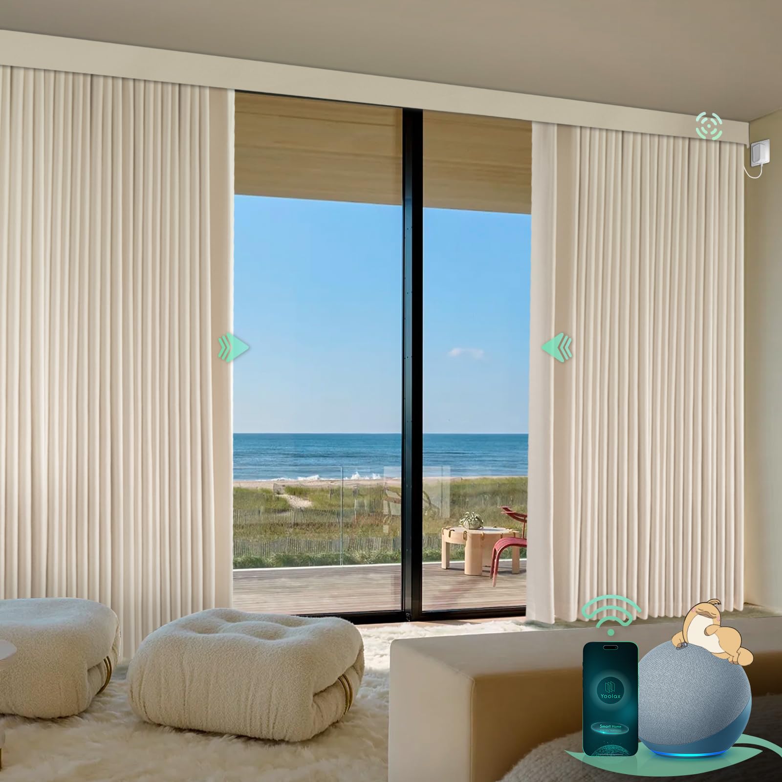 Yoolax Smart Retractable Motorized Curtains - Alexa & Google Home Compatible, Hardwired with Remote Control, Custom Size (Champagne) - Perfect for Smart Home Automation & Modern Window Treatments