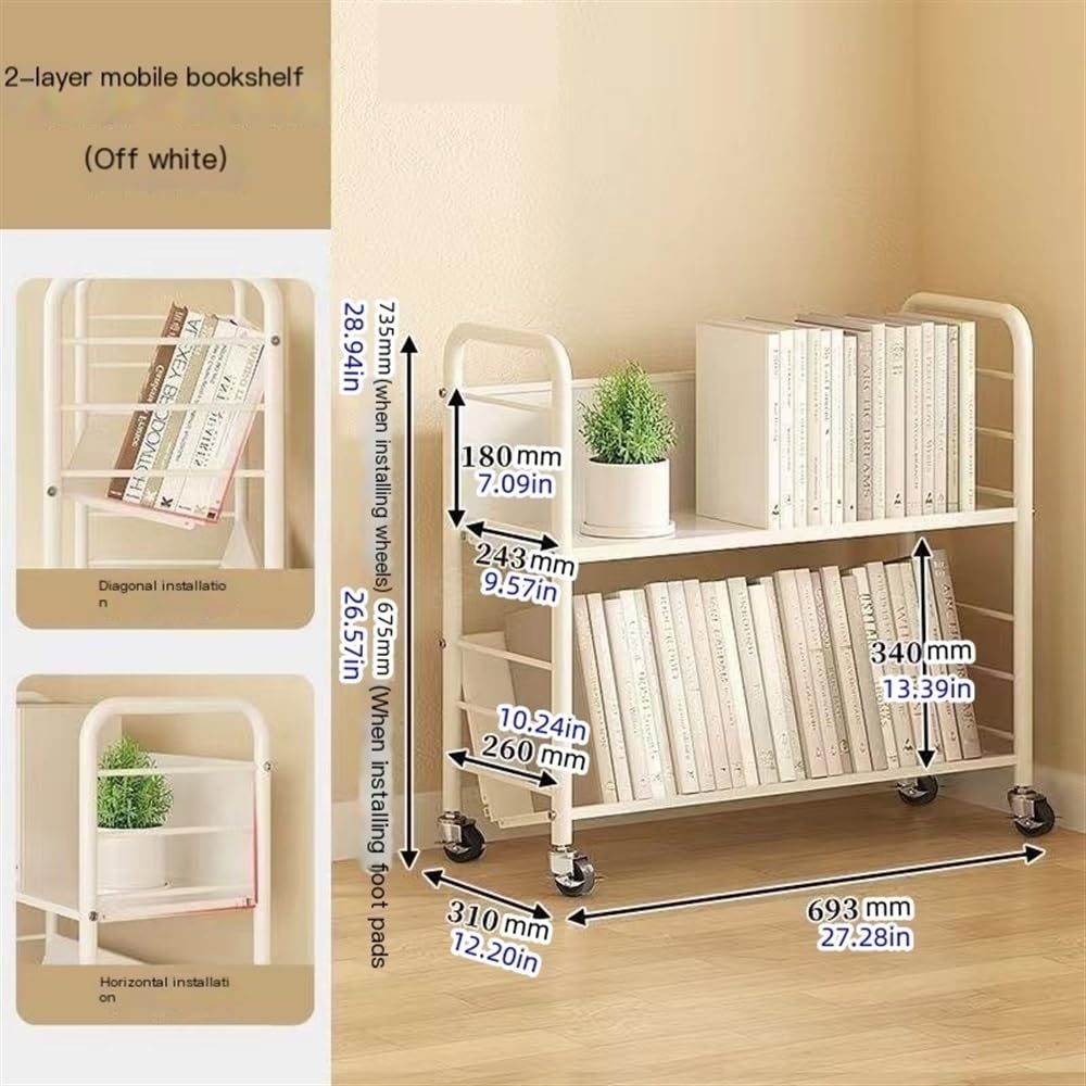 Versatile Rolling Book Cart with Wheels - 2-Tier Removable Iron Art Display Shelf for Books & Home Decor | Portable Mobile Bookshelf for Living Room, Office, Classroom & Library Organization (Beige)