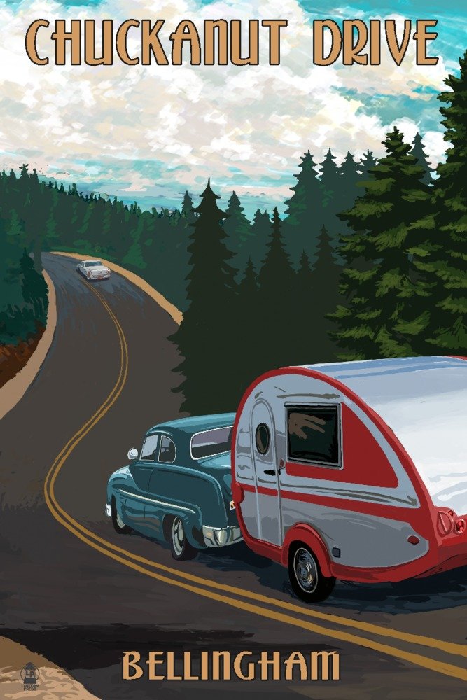 Chuckanut Drive Bellingham WA Retro Camper 73065 - 24x36 Signed Art Print Wall Decor Poster - Perfect for Vintage Home Decor, Office Art & Gift for Travel Enthusiasts