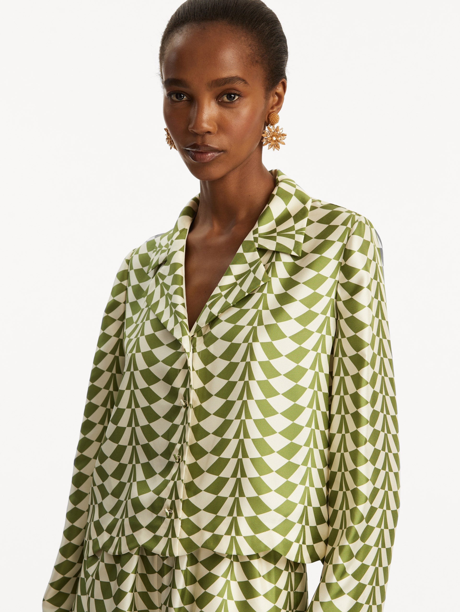 Geo Silk Twill Blouse for Women - Elegant Printed Silk Blouse with Flowy Fit - Perfect for Office Wear, Date Nights & Special Occasions