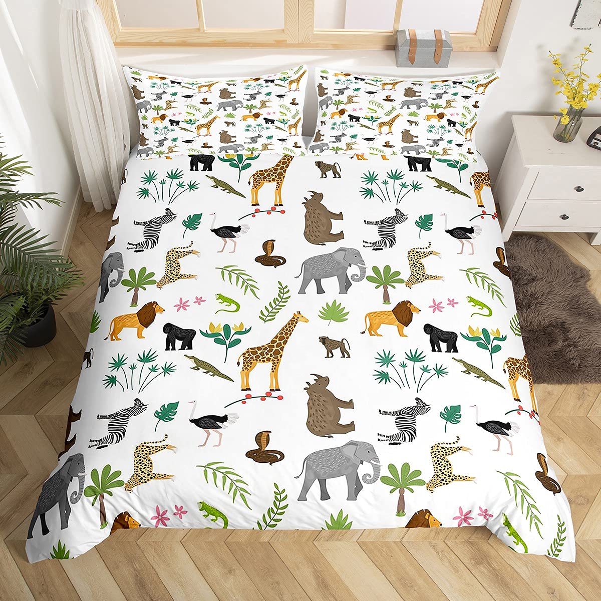 Erosebridal Leopard Print Comforter Cover Set - Lion, Elephant, Ostrich Jungle Theme Duvet Cover for Kids, Boys & Teens - Twin Size Wild Animal Bedding with Palm Leaves Design - Perfect for Jungle-Themed Bedrooms & Adventure Room Decor