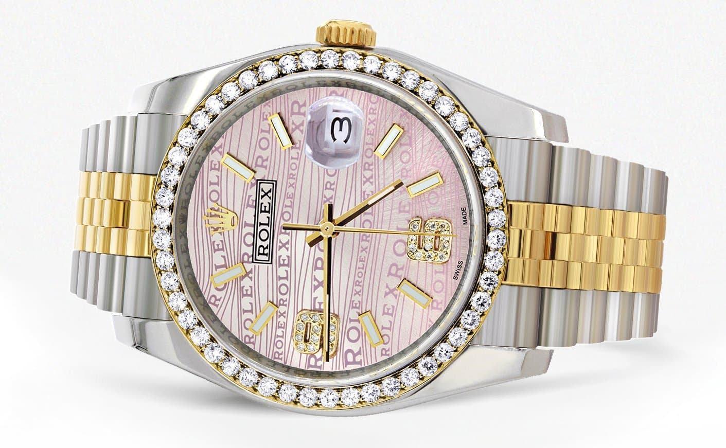 Rolex Datejust 36mm Watch - 18K Gold & Stainless Steel, Hidden Clasp, Custom Diamond Pink Dial, Jubilee Band | Luxury Men's Watch for Business & Formal Occasions