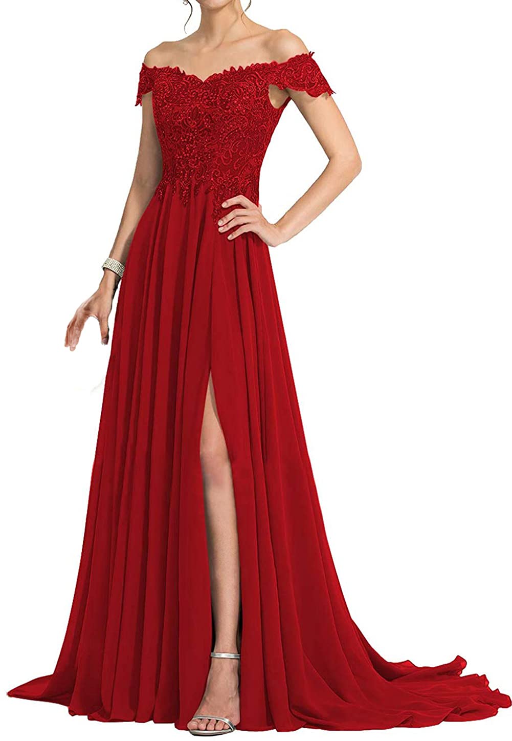 Elegant Off Shoulder Mother of The Bride Dress - Long Chiffon Lace Formal Evening Gown with Side Split for Weddings, Prom & Special Occasions