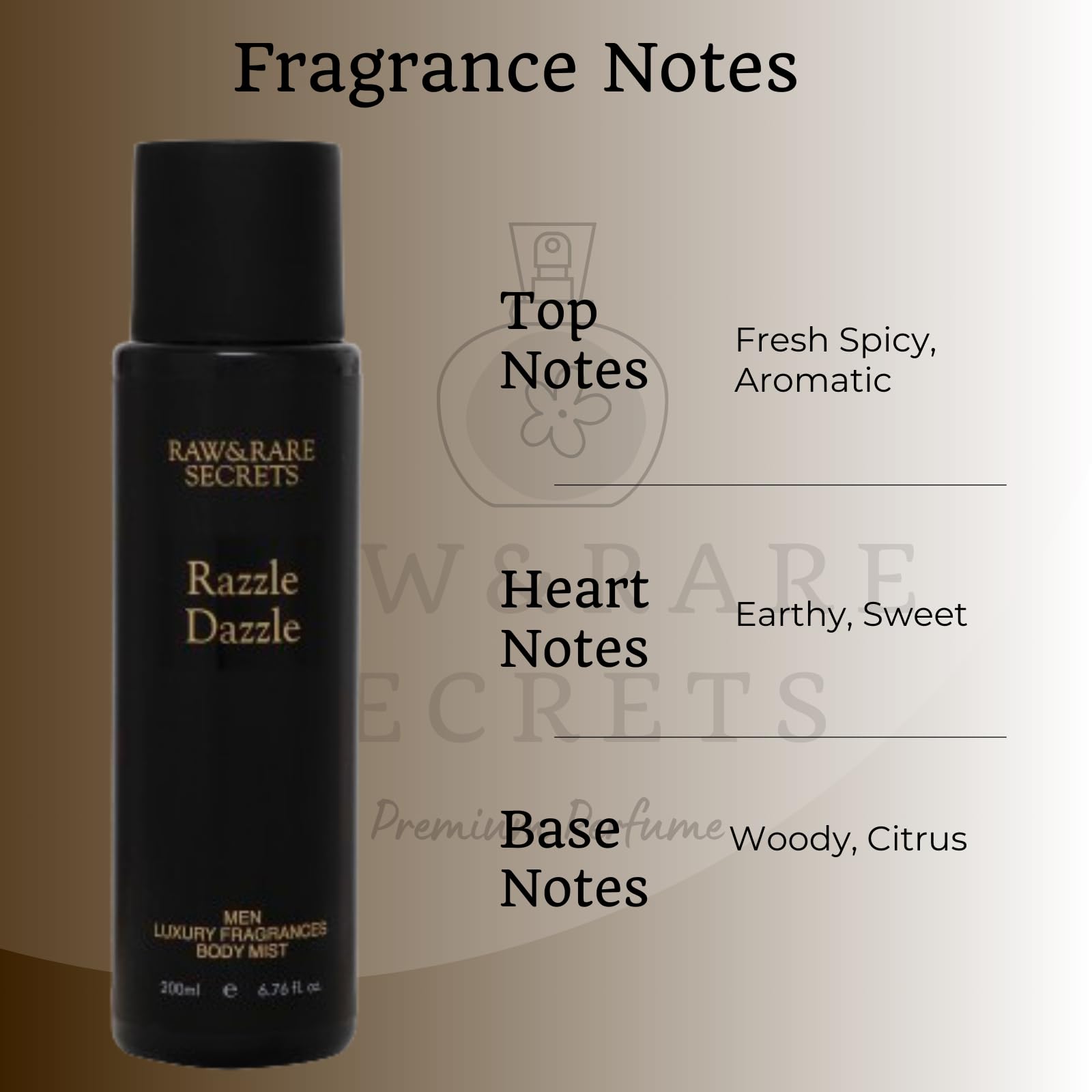 Raw&Rare Secrets Razzle Dazzle Luxury Body Mist for Men - Long Lasting Fragrance Spray, 200ml | Woody Scent | Perfect for Date Night, Office & Special Occasions