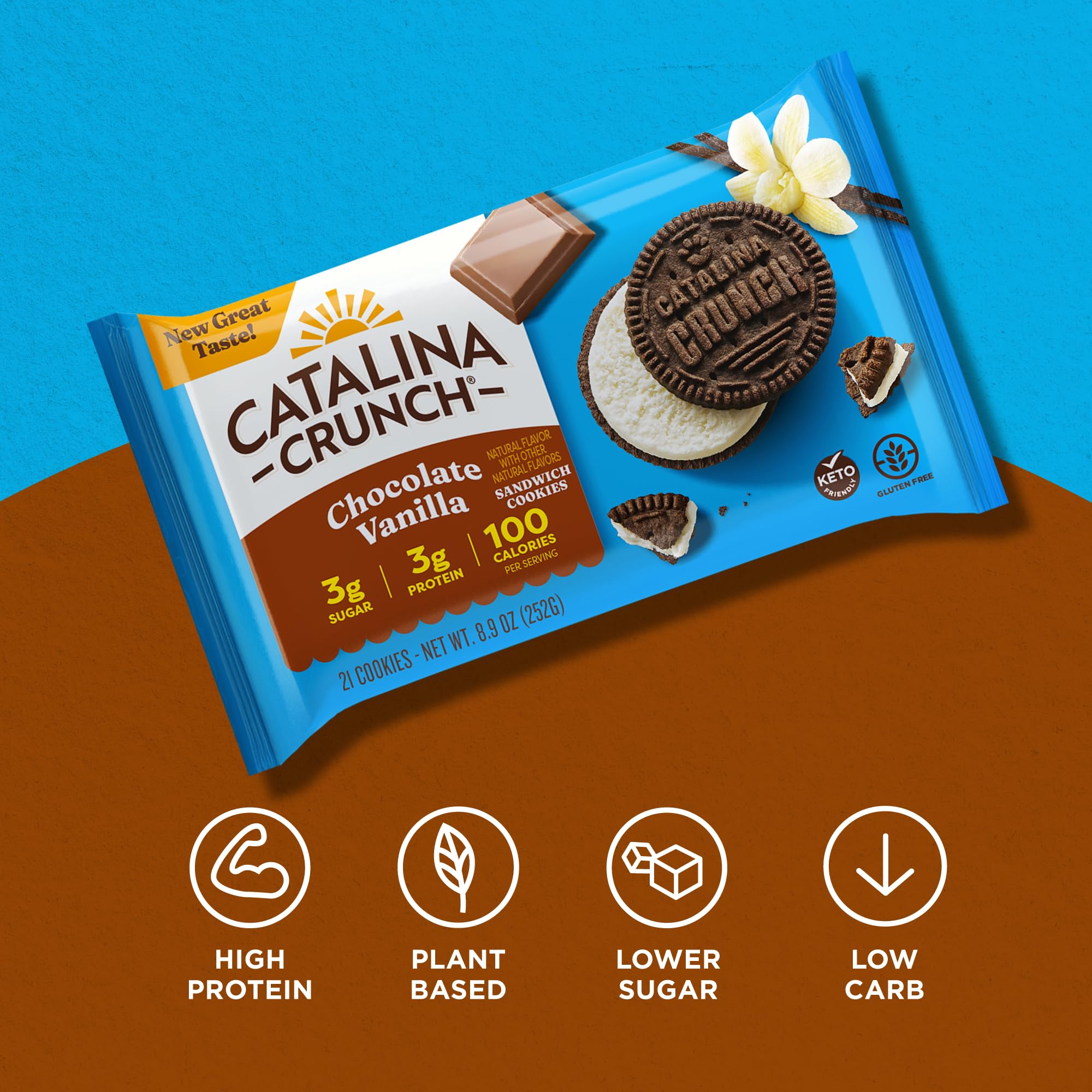 Catalina Crunch Chocolate Vanilla Sandwich Cookies - Low Carb, Keto-Friendly, Sugar-Free Snacks (8.9 oz, 21 Cookies) - Perfect for Weight Loss, Diabetic Diets & On-the-Go Healthy Snacking