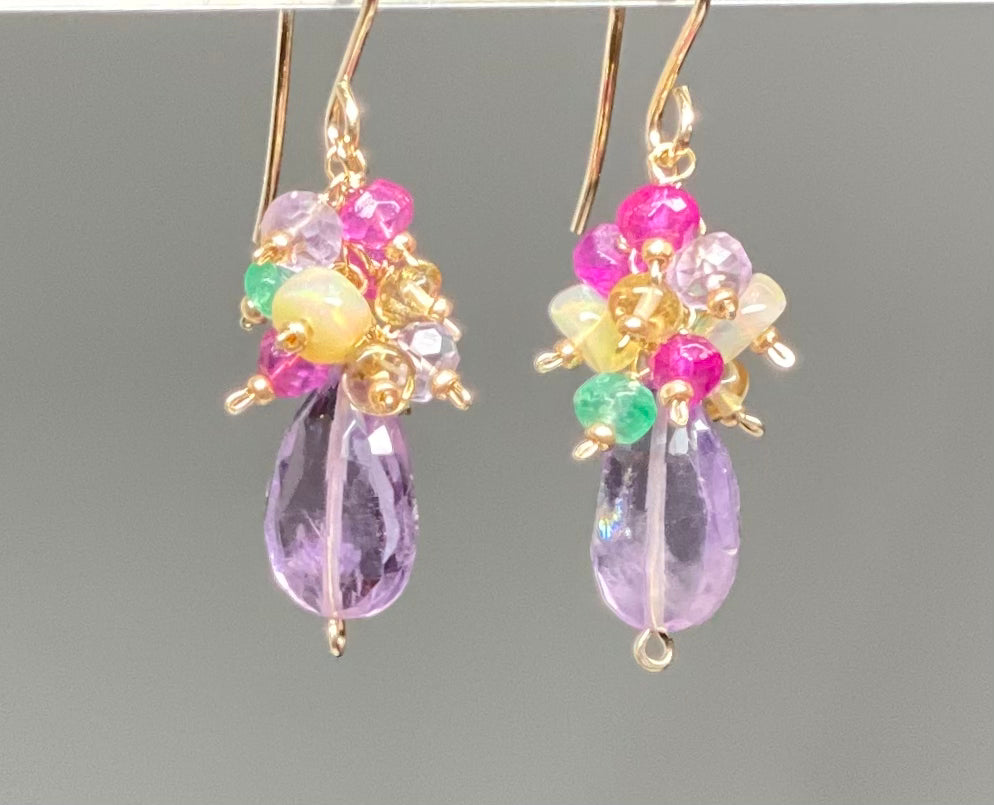 Lavender Pink Amethyst Gemstone Cluster Earrings for Women - Healing Crystal Jewelry - Boho Chic Dangle Earrings for Party, Wedding & Everyday Wear