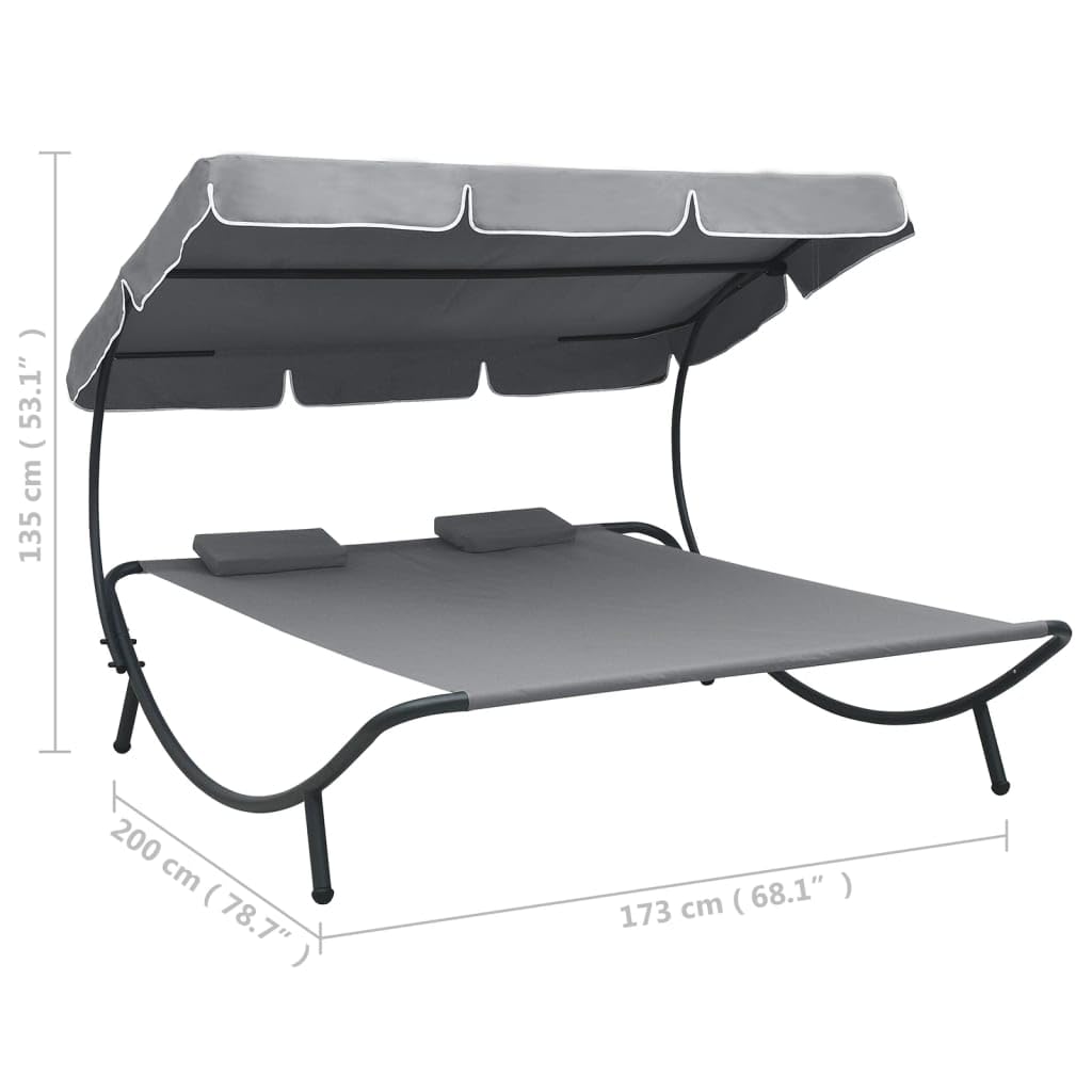 vidaXL Outdoor Double Chaise Lounge with Canopy & Pillows - Patio Daybed for Backyard, Poolside, Lawn - Gray Water-Resistant Lounge Chair for Sunbathing & Relaxing