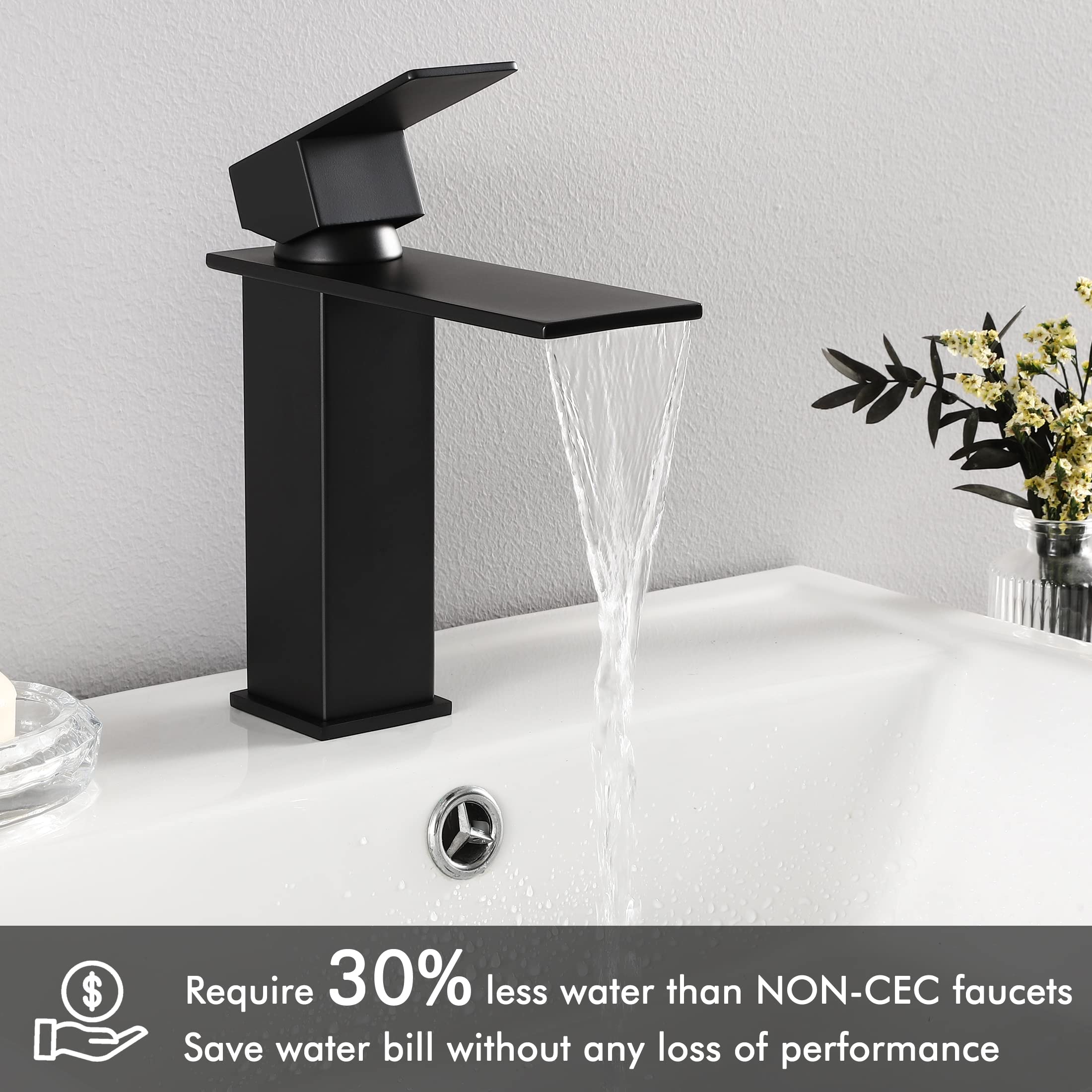 KES Single Hole Black Bathroom Sink Faucet - Waterfall Spout with Supply Lines, SUS304 Stainless Steel (Model L3158ALF-BK) - Perfect for Modern Bathroom Vanities and Powder Rooms