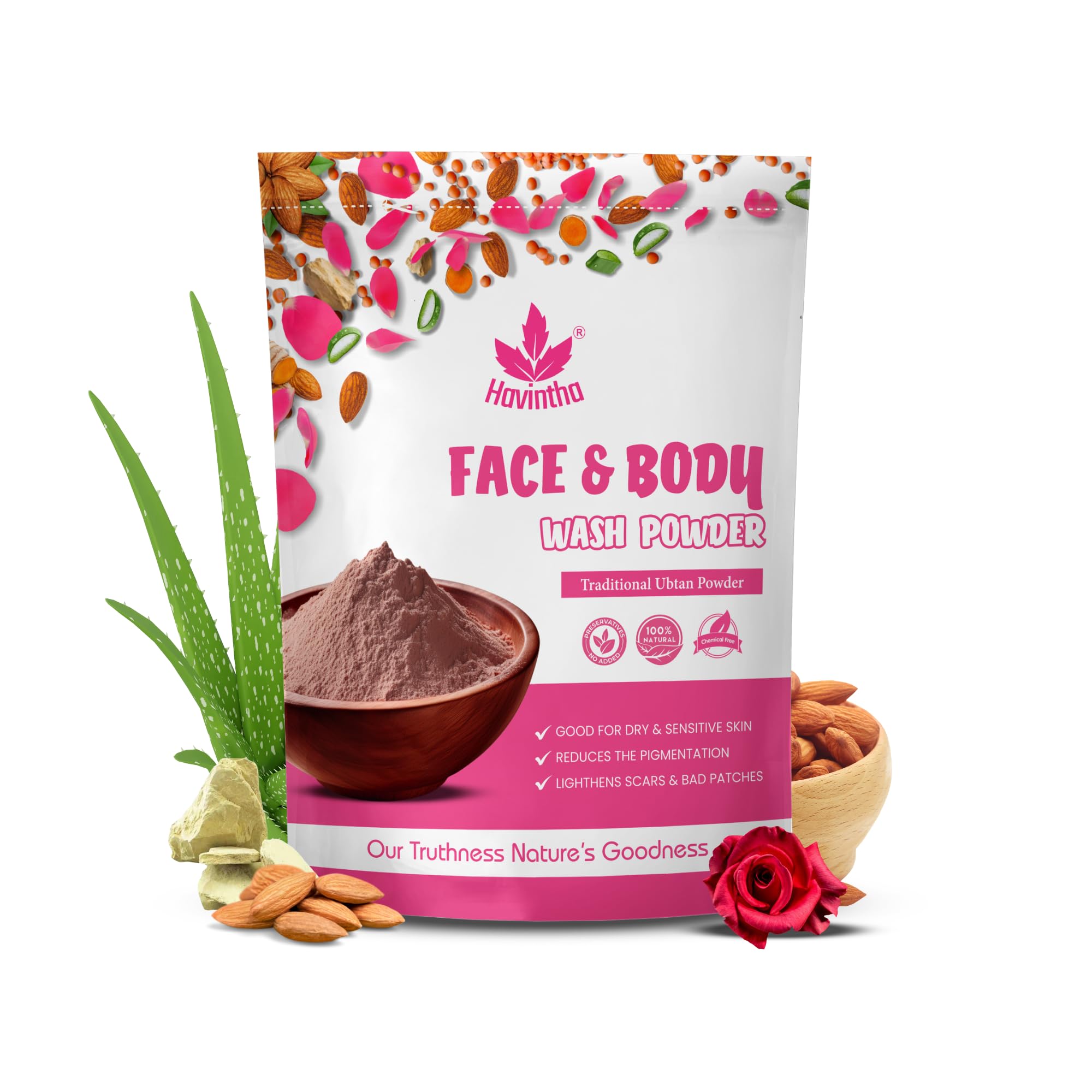 Havintha Natural Face and Body Wash Powder for Dry Skin - 227g | Gentle Cleanser, Tan Removal, Skin Brightening, Acne Treatment | Men & Women | Perfect for Daily Skincare & Post-Sun Care