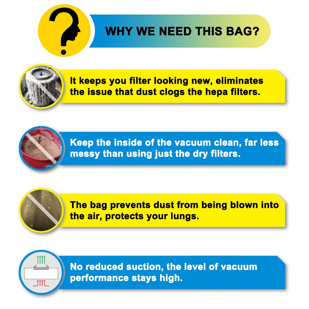 VF3502 Shop Vac Bags - 10 Pack, Compatible with RIDGID 12/14/16 Gallon Vacuums (Model 23743), Size A Replacement Vacuum Bags - Ideal for Dust Collection in Workshops, Construction Sites & Home Cleaning