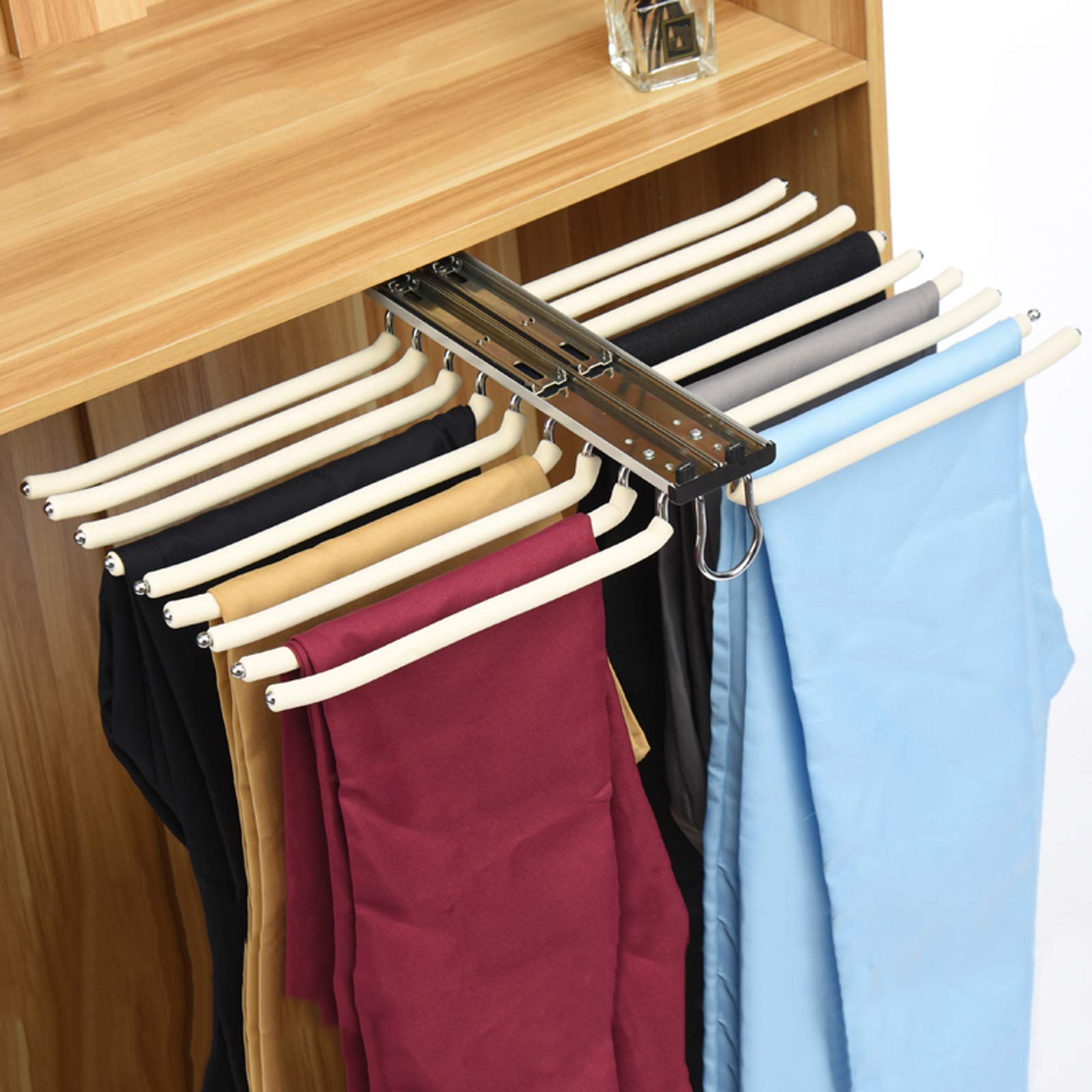 Multi-Functional Pull-Out Pants Rack - Space-Saving Hanging Storage Organizer for 18 Pairs of Trousers, Skirts, Scarves & Ties - Reversible Drawer Design (Beige) - Perfect for Closet, Bedroom & Wardrobe Organization