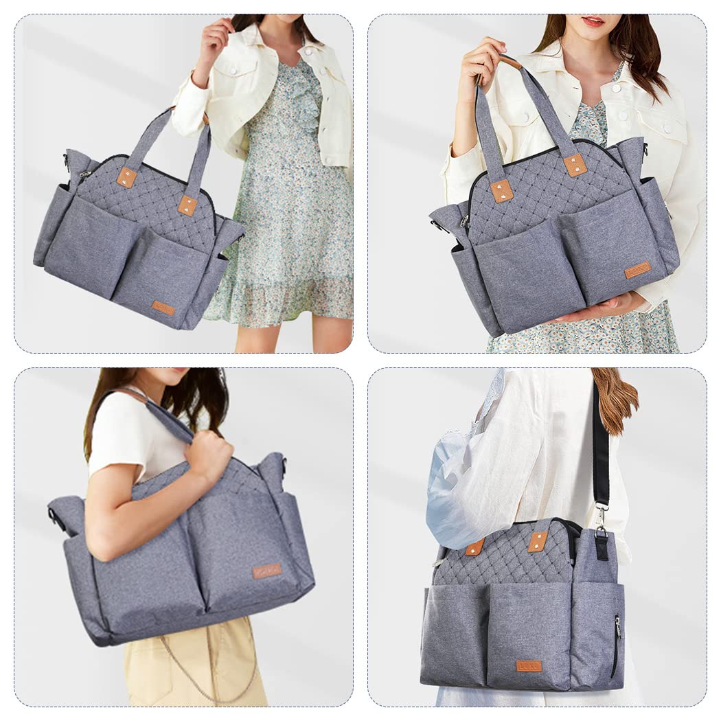 Lekebaby Waterproof Diaper Bag Tote - Large Baby Bag for Moms, Hospital & Travel - Grey Messenger Purse | Perfect for Newborn Essentials, Daycare & Family Outings