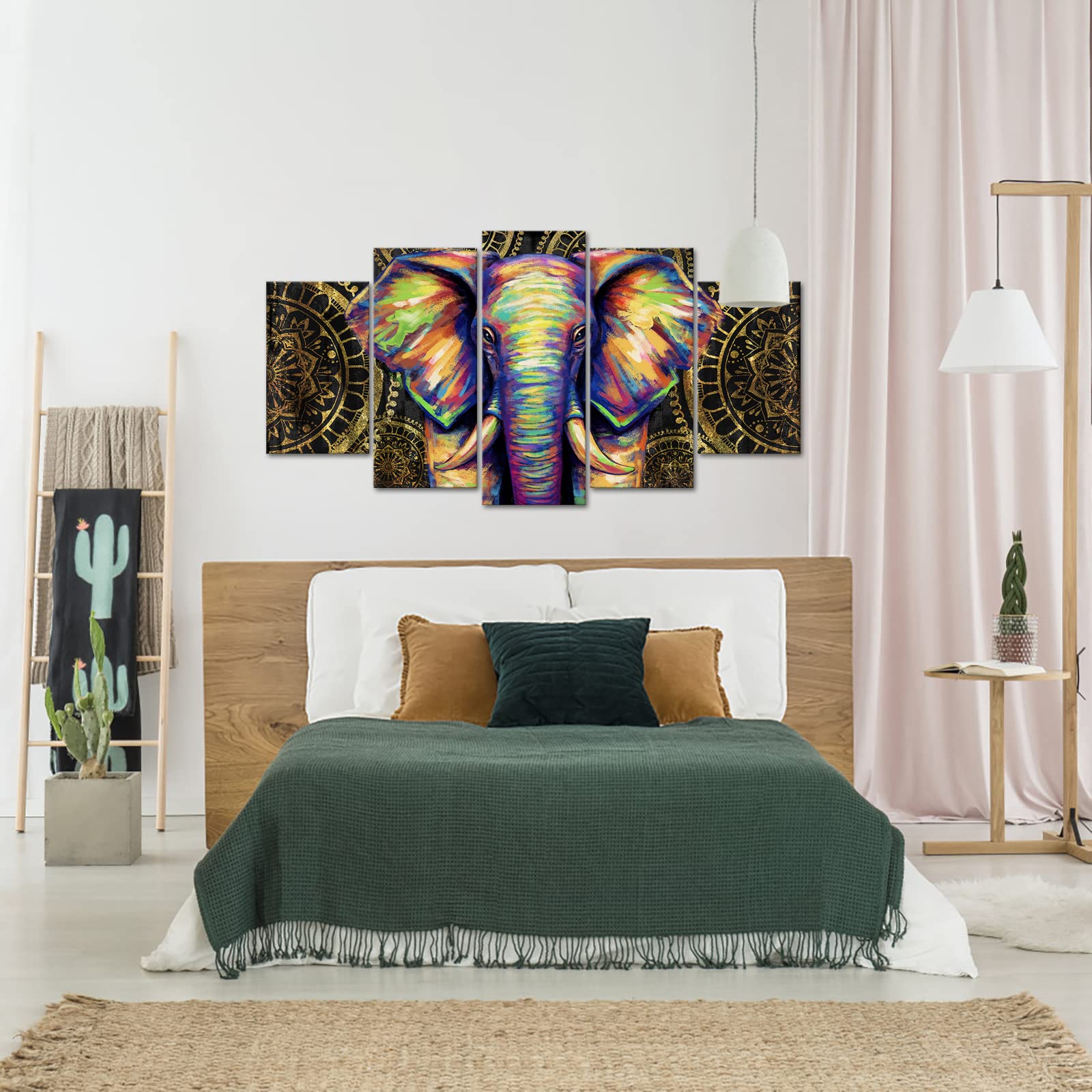 African Animal Canvas Wall Art - Elephant Mandala Painting Framed Print, Bohemian Boho Flower Decor for Living Room, Bedroom & Office (60x32 Inches)