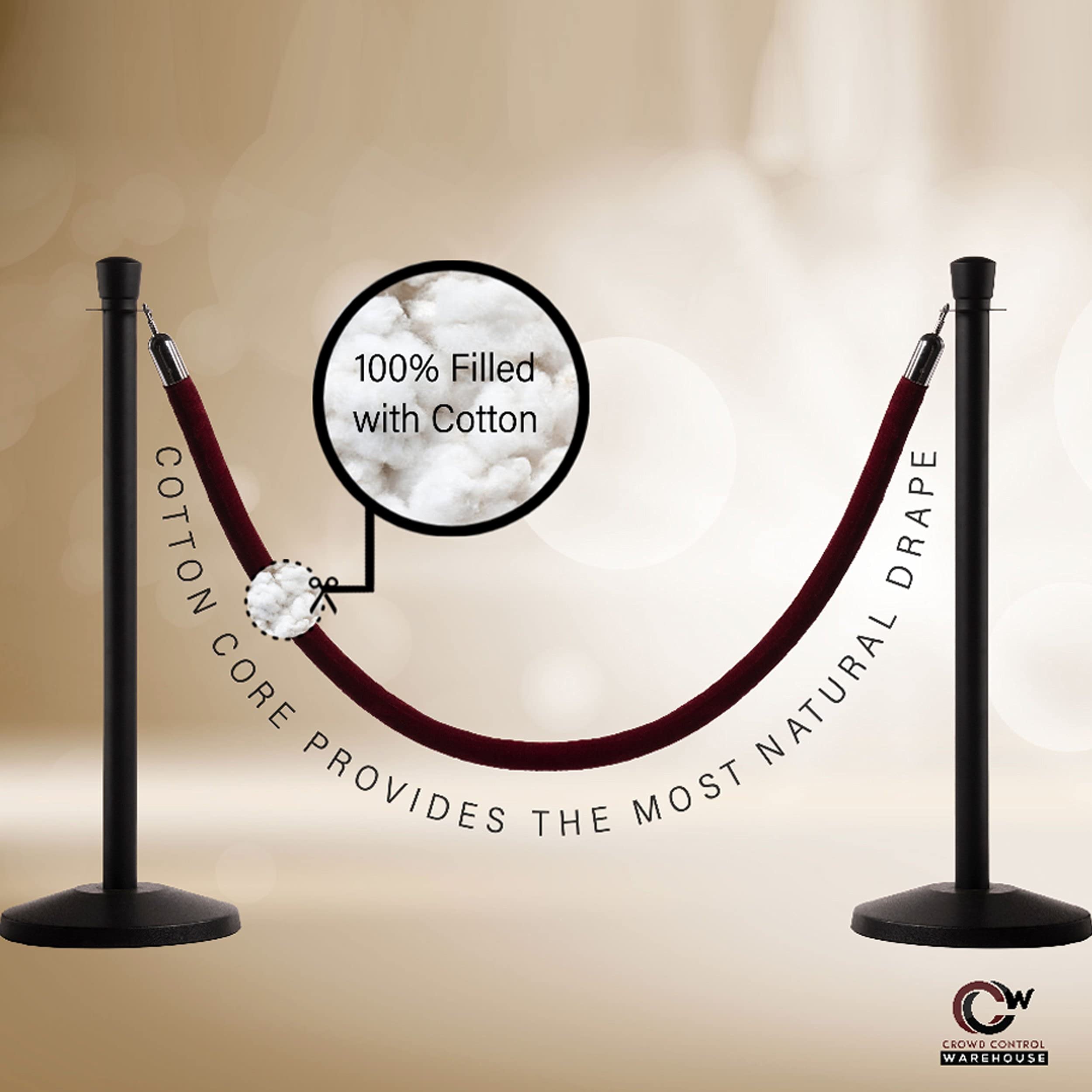 Premium Heavy-Duty Velvet Stanchion Rope with Cotton Core - 10ft Red Queue Barrier with Polished Brass Snap Ends for Movie Theaters, Events, Grand Openings & VIP Areas - Durable Crowd Control Solution for Theaters, Hotels, Museums and Special Occasions