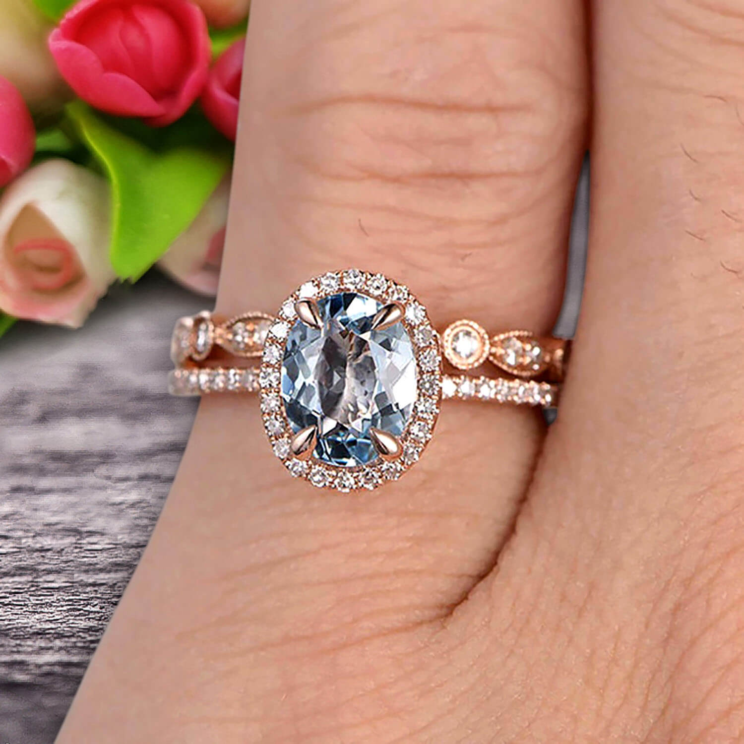 1.75 Carat Oval Cut Aquamarine Bridal Ring Set with Matching Wedding Band in 10k Rose Gold - Art Deco Style Engagement Ring for Women - Perfect for Proposals, Weddings & Anniversary Gifts