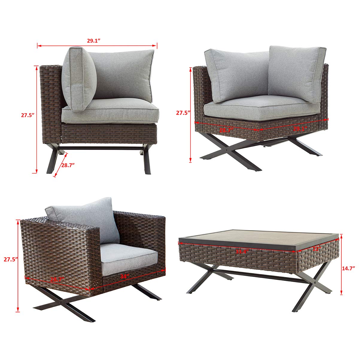 Romayard 5-Piece Outdoor Sectional Sofa Set - PE Rattan Patio Furniture with X-Leg Design & 10 Cushions - Perfect for Backyard, Garden, Poolside and Deck Relaxation