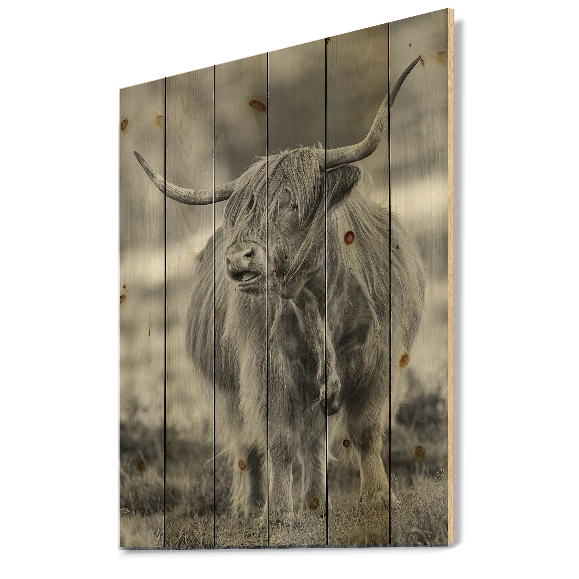 Bull Farmhouse Wood Wall Decor - Grey Wood Wall Art with Large Animal Print on Natural Pine Wood - Perfect for Rustic Home, Cabin, or Western-Themed Interior Decor