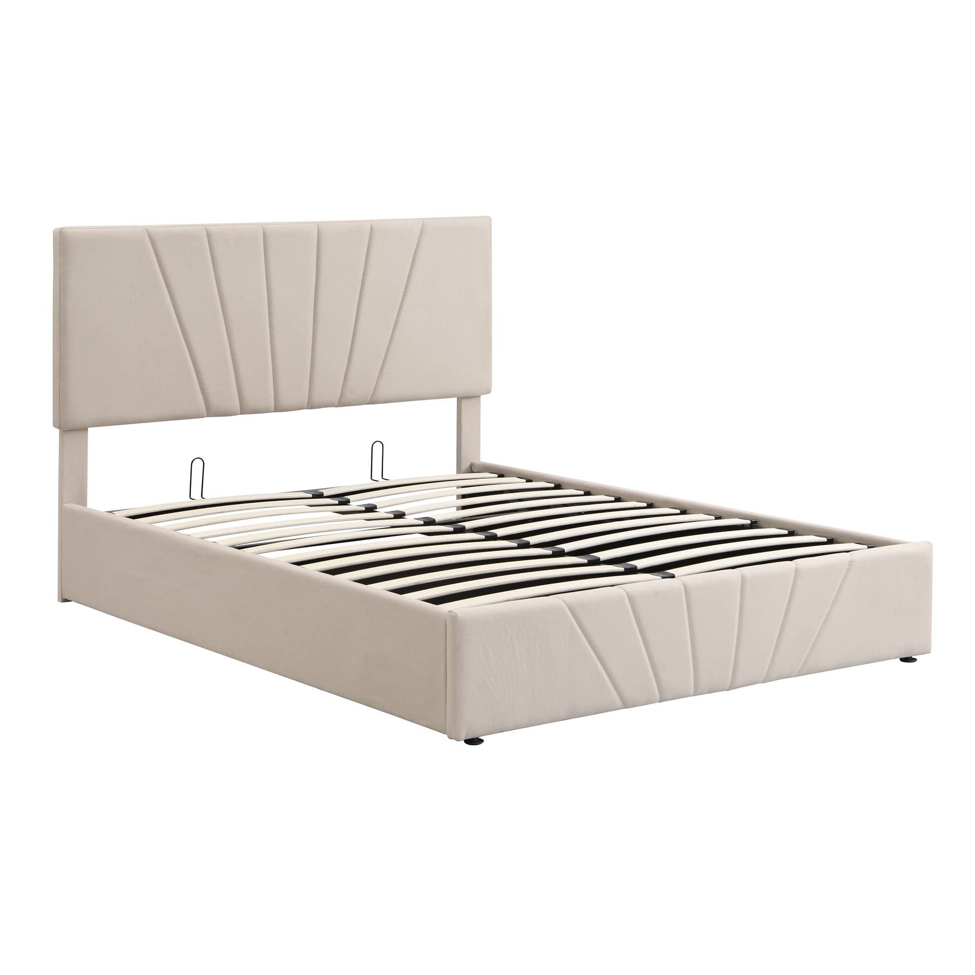 SOFTSEA Upholstered Full Platform Bed Frame with Headboard & Hydraulic Storage System - Under Bed Storage, Beige Fabric - Perfect for Small Bedrooms, Guest Rooms & Space-Saving Solutions