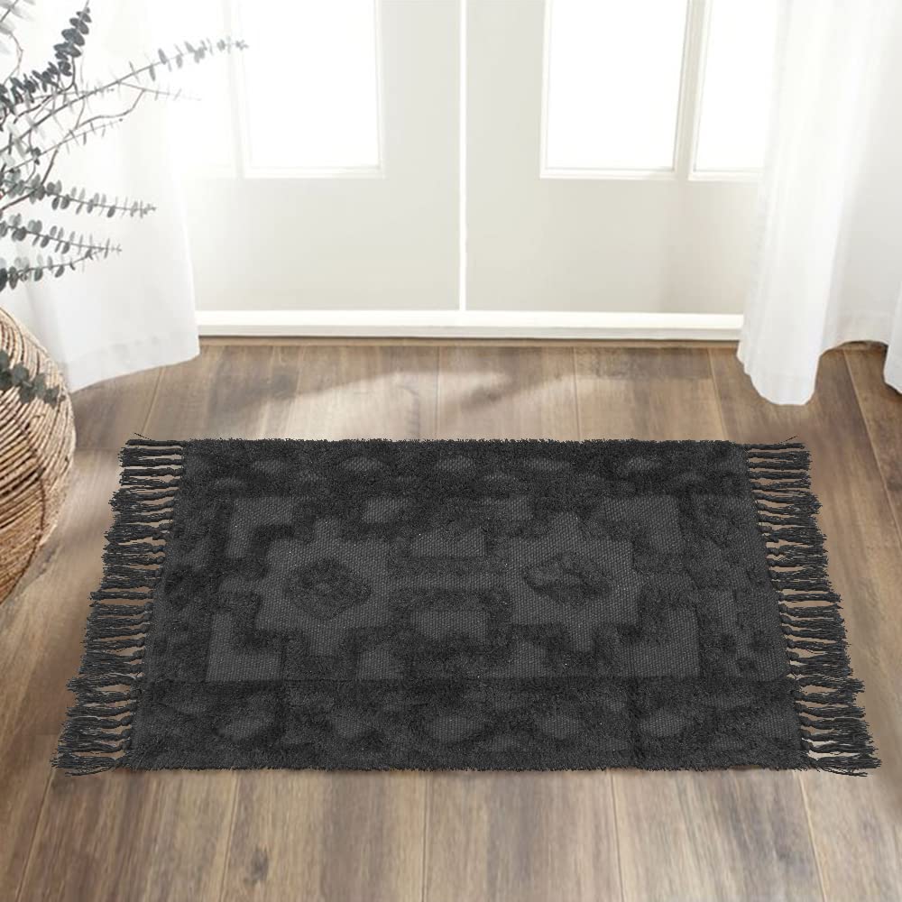 Uphome Boho Bathroom Rug 2' x 3' - Moroccan Tufted Cotton Woven Washable Small Rug with Tassels - Farmhouse Accent Throw Rug for Entryway, Bedroom, Laundry, Living Room & Kitchen - Dark Gray - Perfect for Cozy Home Decor & High-Traffic Areas
