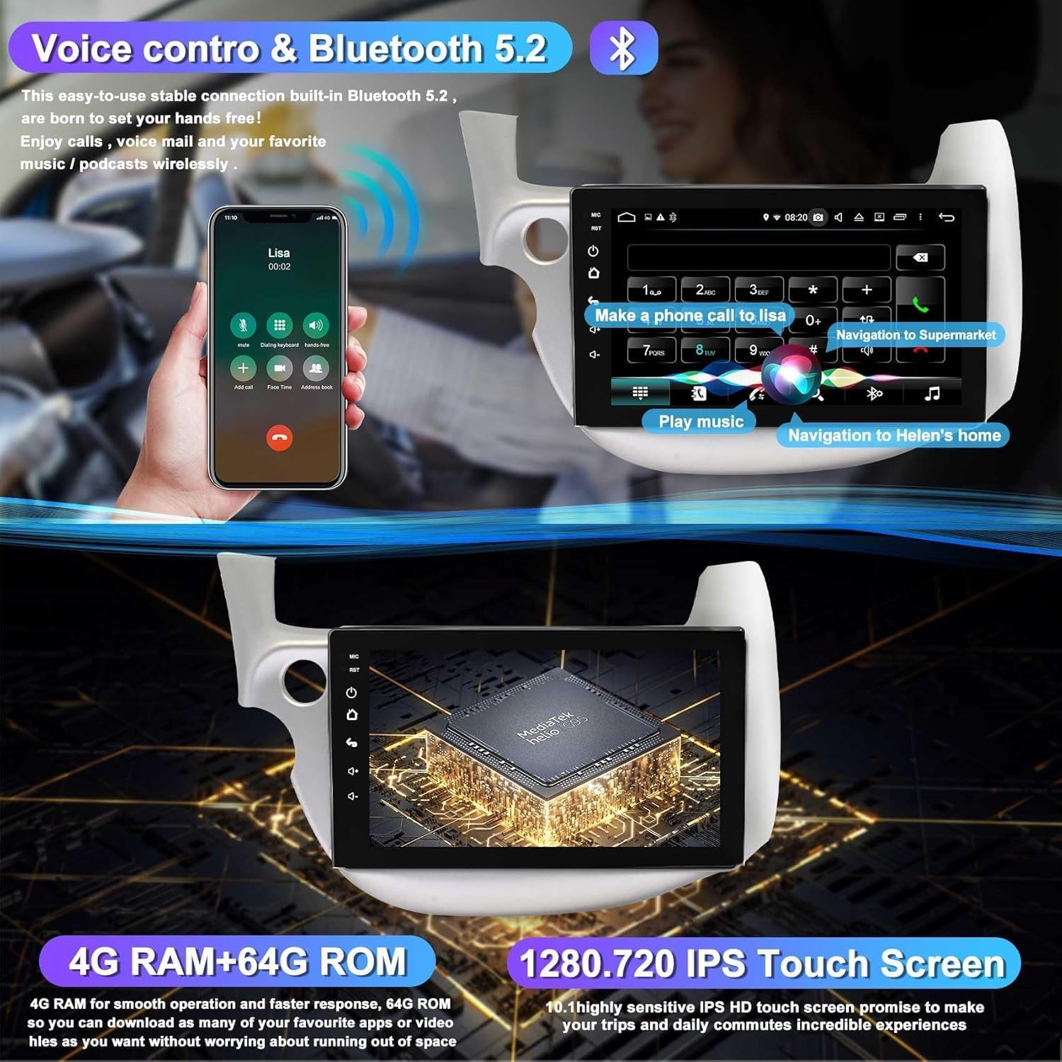 10.1 Inch IPS Touch Screen Car Stereo for Honda Fit 2008-2013 - 4G+64G Android Auto & Wireless CarPlay GPS Navigation System with Bluetooth 5.2/FM/Backup Camera/WiFi/SWC/HiFi - Perfect for Commuting & Road Trips