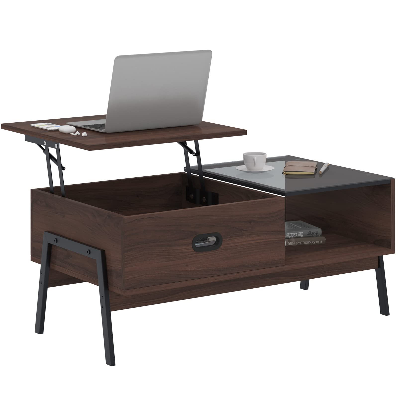 Soges Lift Top Coffee Table with Storage - Rustic Brown Wooden Raisable Coffee Table for Living Room, Sofa, and Lounge - Perfect for Small Spaces and Home Decor