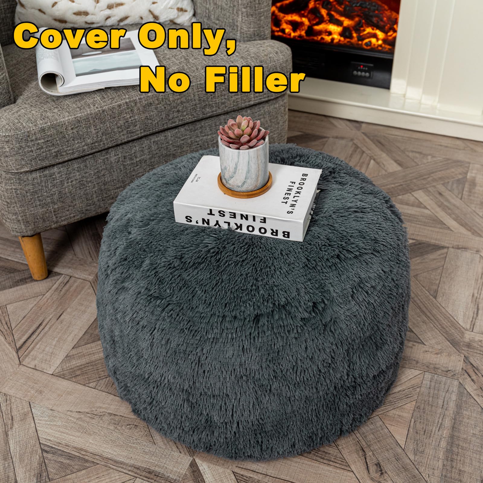 Fur Ottoman Stool Cover - 20x12 Inch Round Foot Rest Pouf, No Filler, Foldable Floor Bean Bag Chair for Living Room & Bedroom - Dark Gray - Perfect for Cozy Home Decor, Reading Nook, and Pet Lounging
