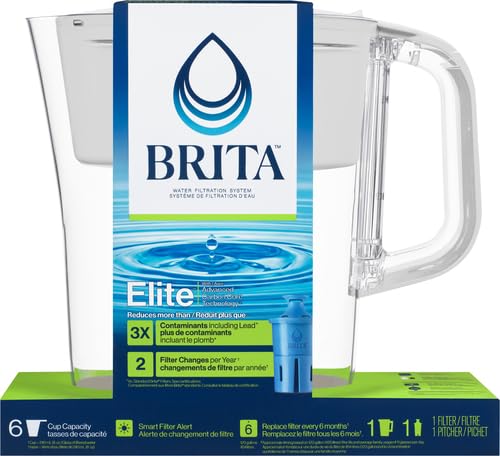 Brita Small 6 Cup Denali Water Filter Pitcher with 1 Brita Elite Filter - BPA-Free White Water Filtration System for Clean Drinking Water at Home, Office or Travel