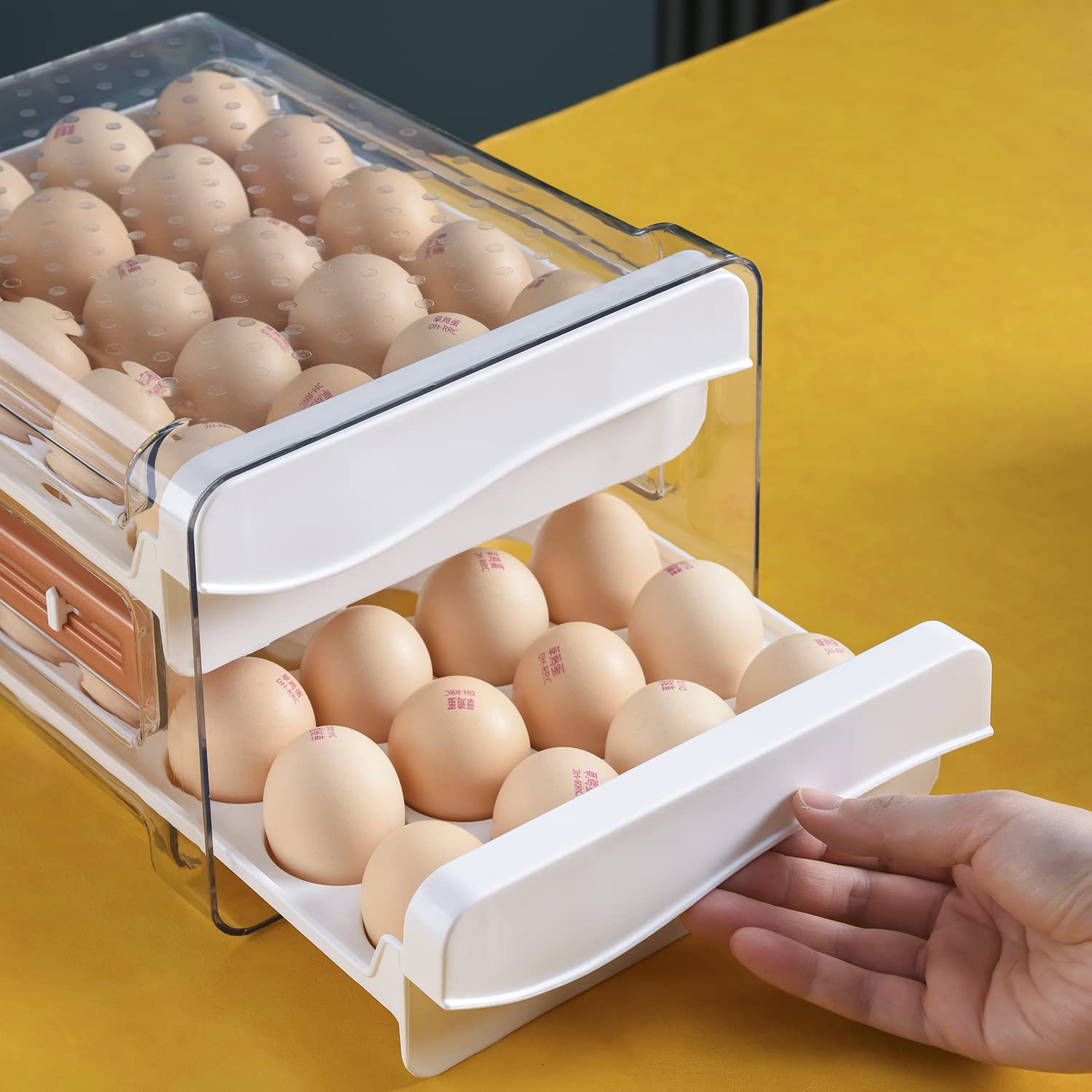 Sooyee 40-Capacity Refrigerator Egg Storage Container - 2 Transparent Drawers White Fridge Organizer | Perfect for Kitchen, Pantry & Farm Fresh Egg Storage