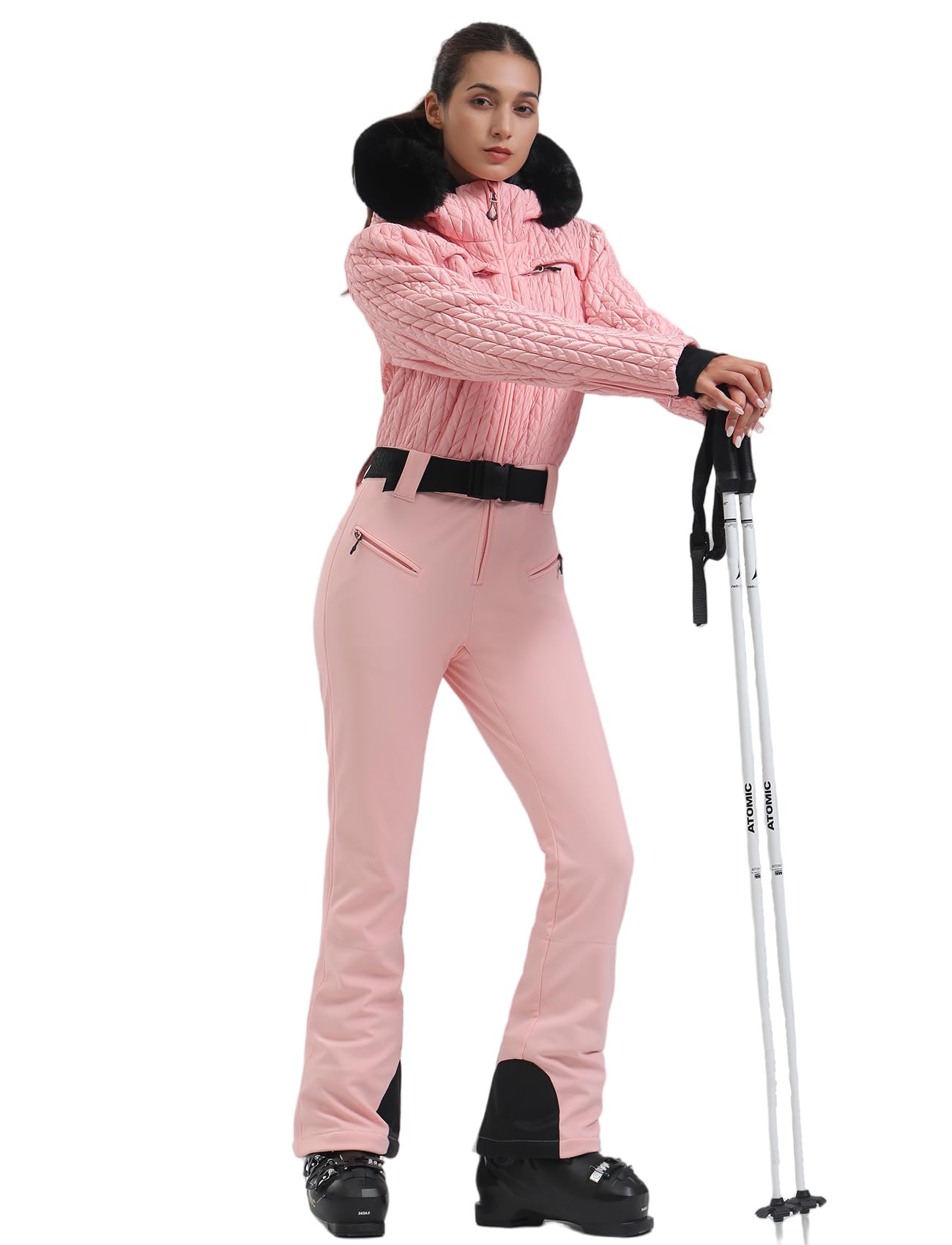 GSOU SNOW Women's One Piece Ski Suit - Slim Snowboard Jumpsuit with Faux Fur Collar, Waterproof & Windproof Winter Sports Outfit for Skiing, Snowboarding & Outdoor Activities