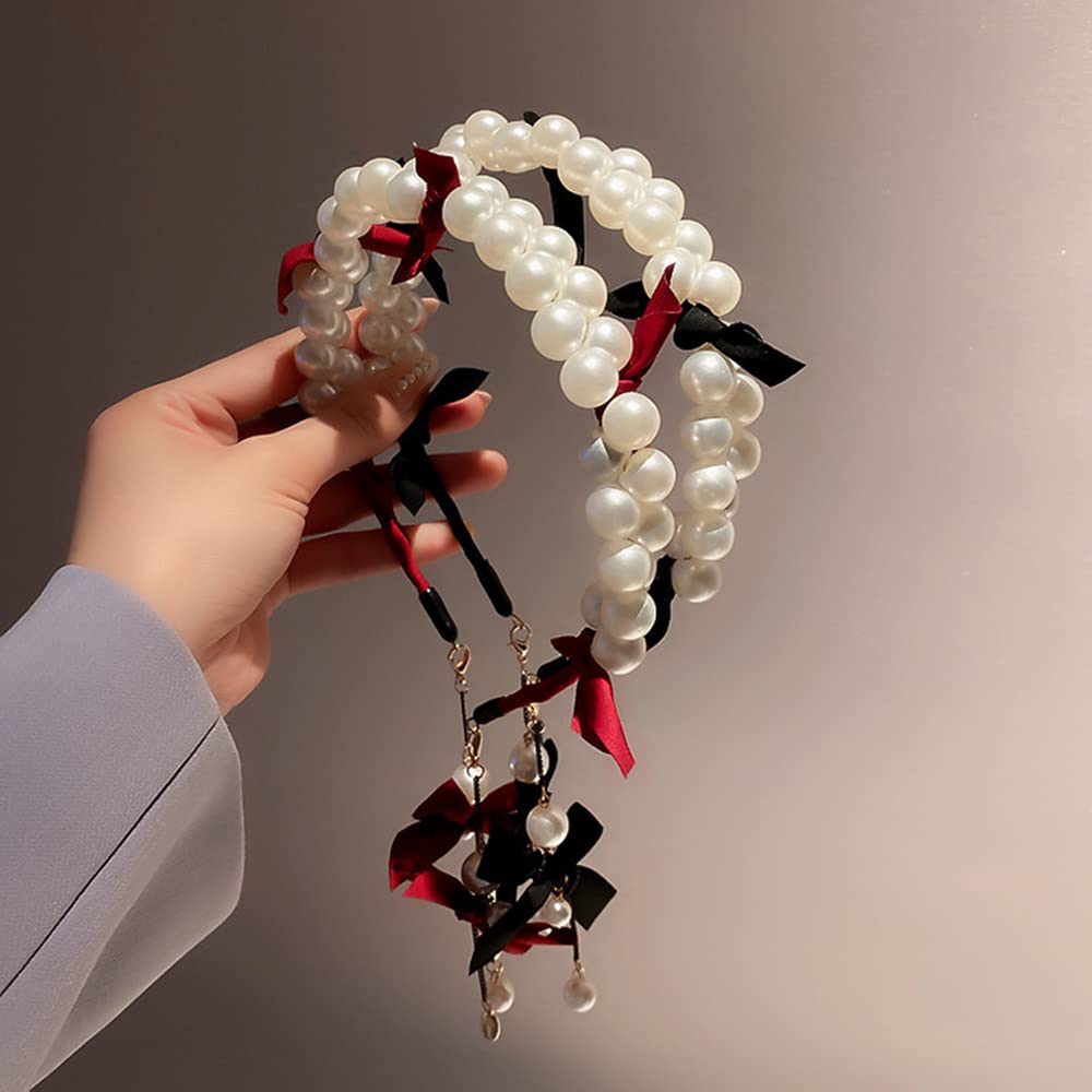 Wiwpar Pearl Headbands for Women & Girls - Elegant Bow Tassel Hair Band with Pearls | Perfect for Parties, Weddings & Special Occasions (Black)