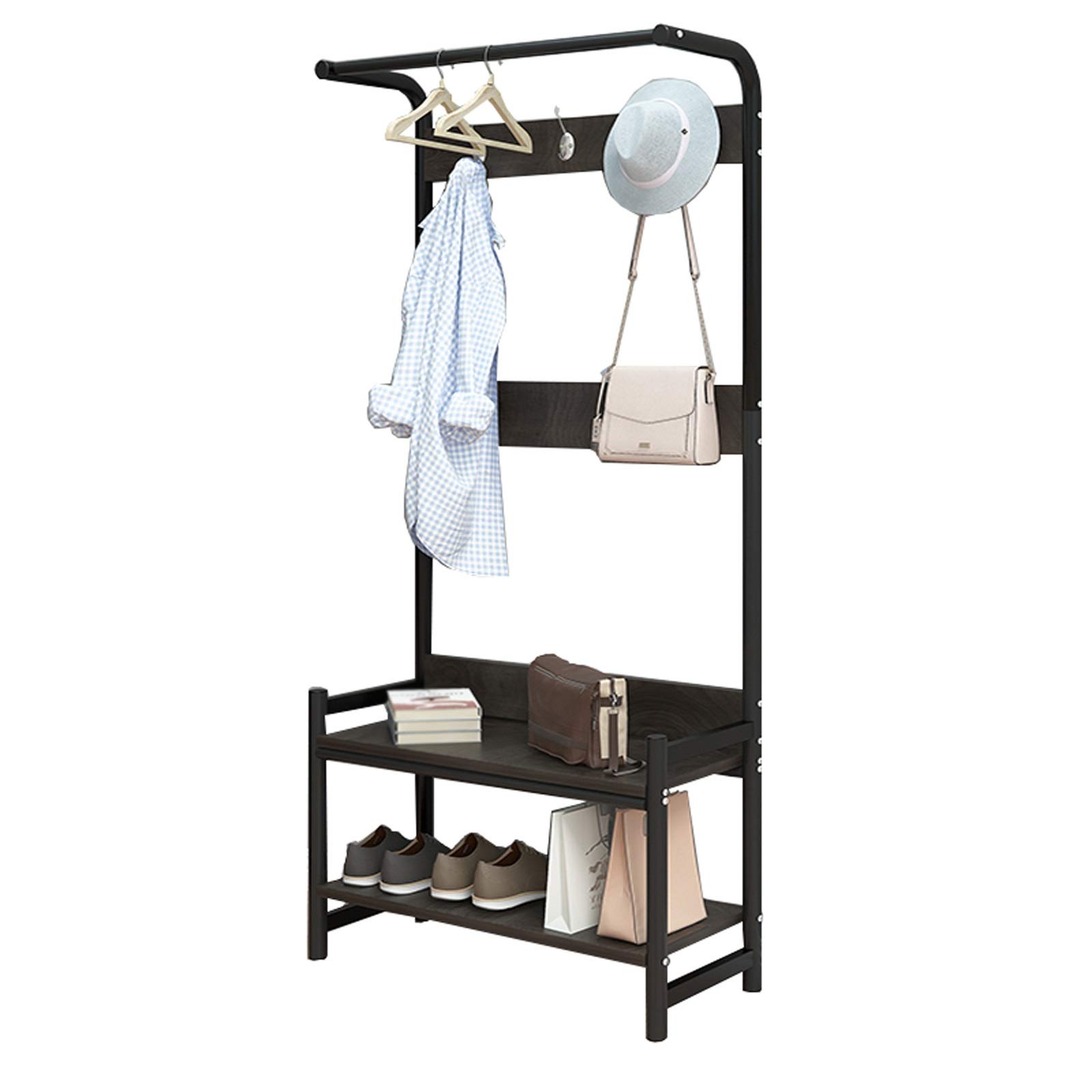 Simplicity 2-Tier Shoe Rack with Coat Hooks - 83x25x162cm Entryway Storage Bench for Living Room, Hallway & Bedroom | Space-Saving Shoe Organizer & Boot Storage Shelf (Color: Brown)