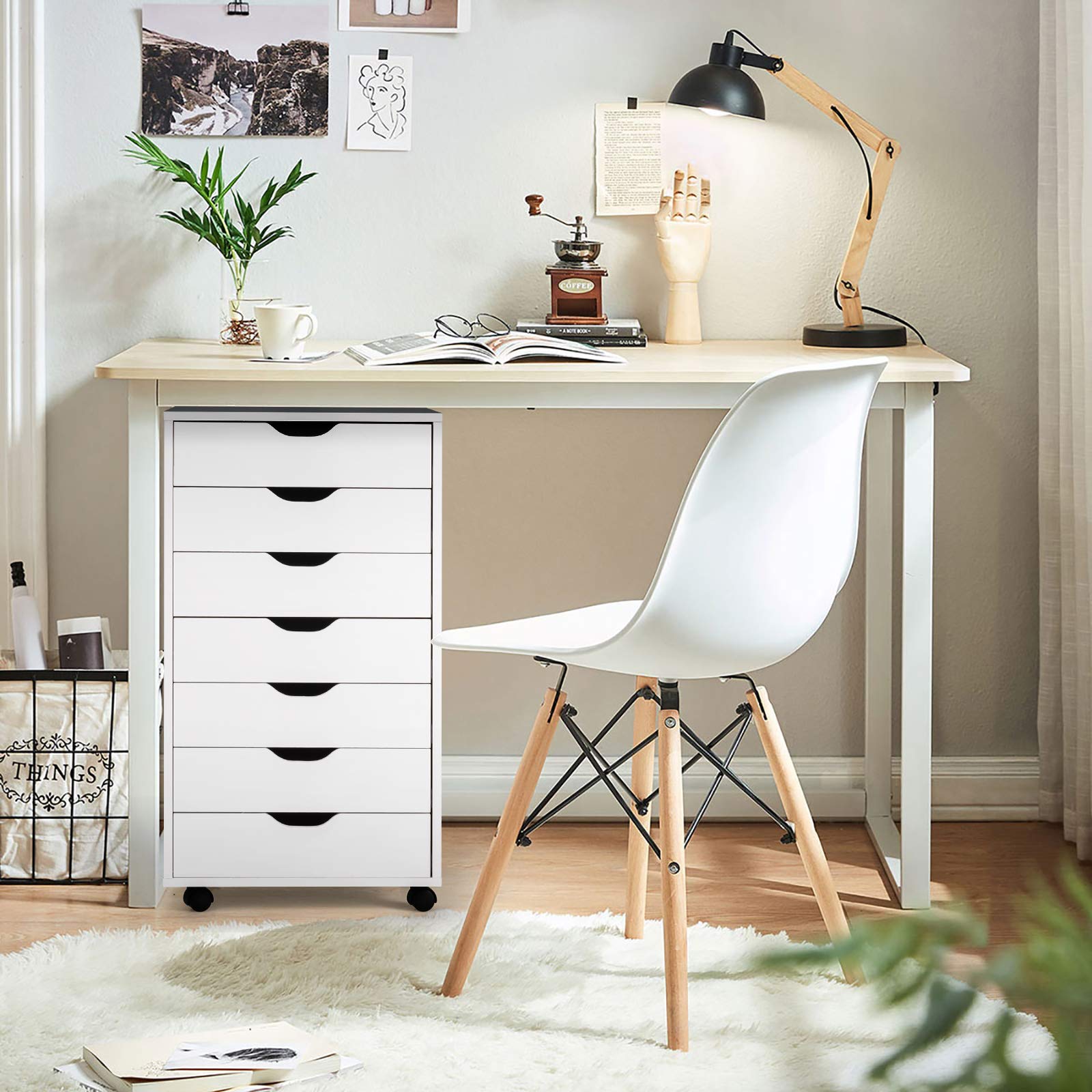 Giantex 7-Drawer Mobile File Cabinet with Wheels - White Lateral Storage Organizer for Home & Office (19”x15.5”x34.5”) - Perfect for Document Storage, Office Supplies & Craft Organization