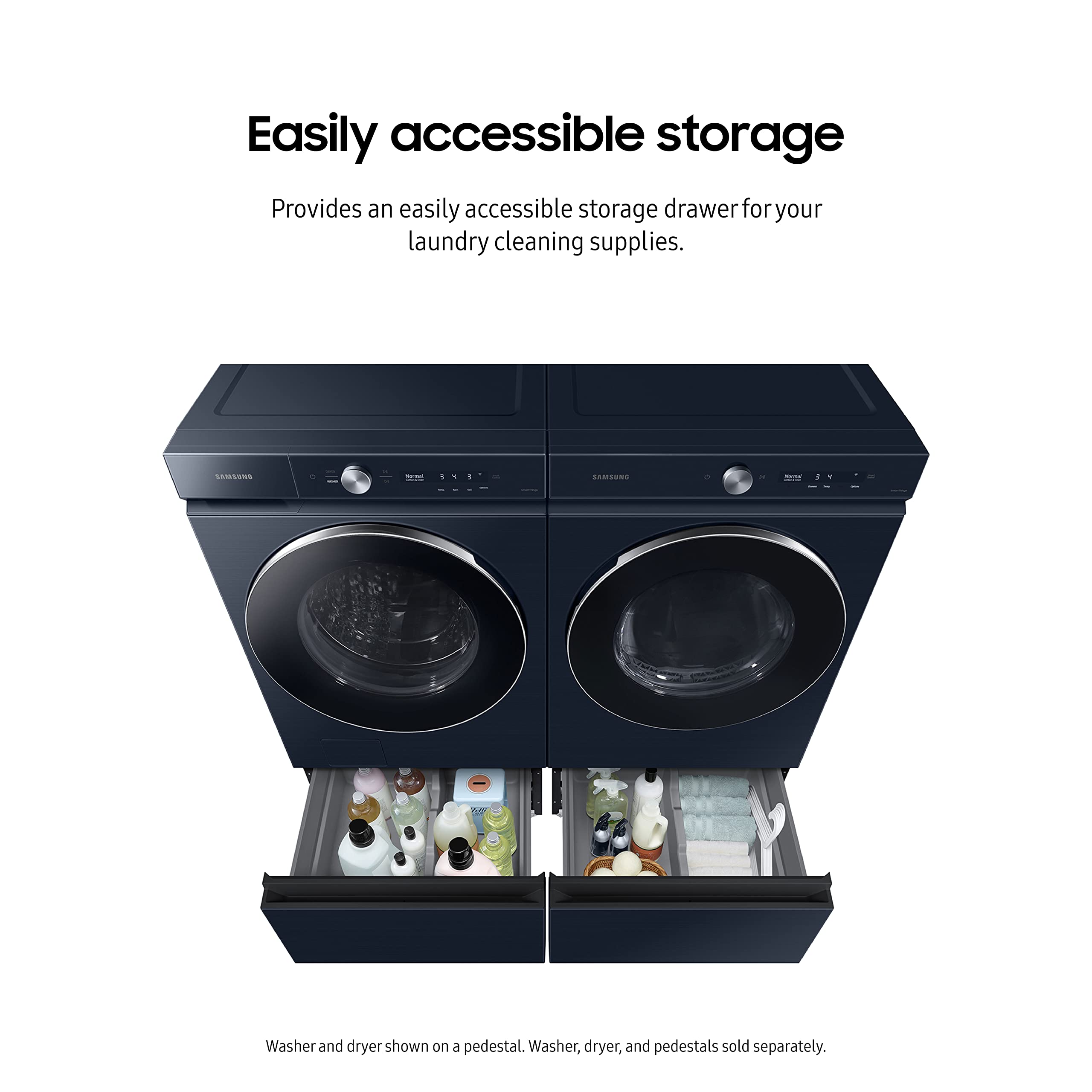 Samsung 27-Inch Bespoke Front Load Washer Dryer Pedestal Stand with Pull-Out Laundry Storage Drawer | WE502ND | Brushed Navy | Space-Saving Laundry Room Organization for Small Homes & Apartments