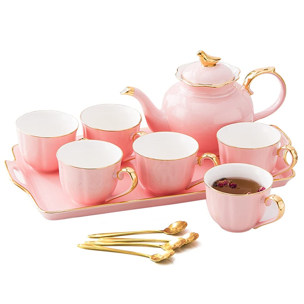 Premium 8-Piece Pink Ceramic Tea Set - Elegant European Style Coffee & Tea Service with Tray - Perfect for Afternoon Tea Parties, Bridal Showers & Home Decor (Ideal Gift for Women)