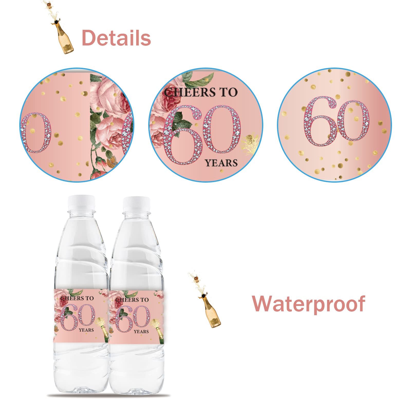 35 Pcs Happy 60th Birthday Water Bottle Stickers - 60th Anniversary Party Labels, Sixty Years Old Celebration Decorations - Pink | Perfect for Birthday Parties, Anniversary Events & Water Bottle Decorations