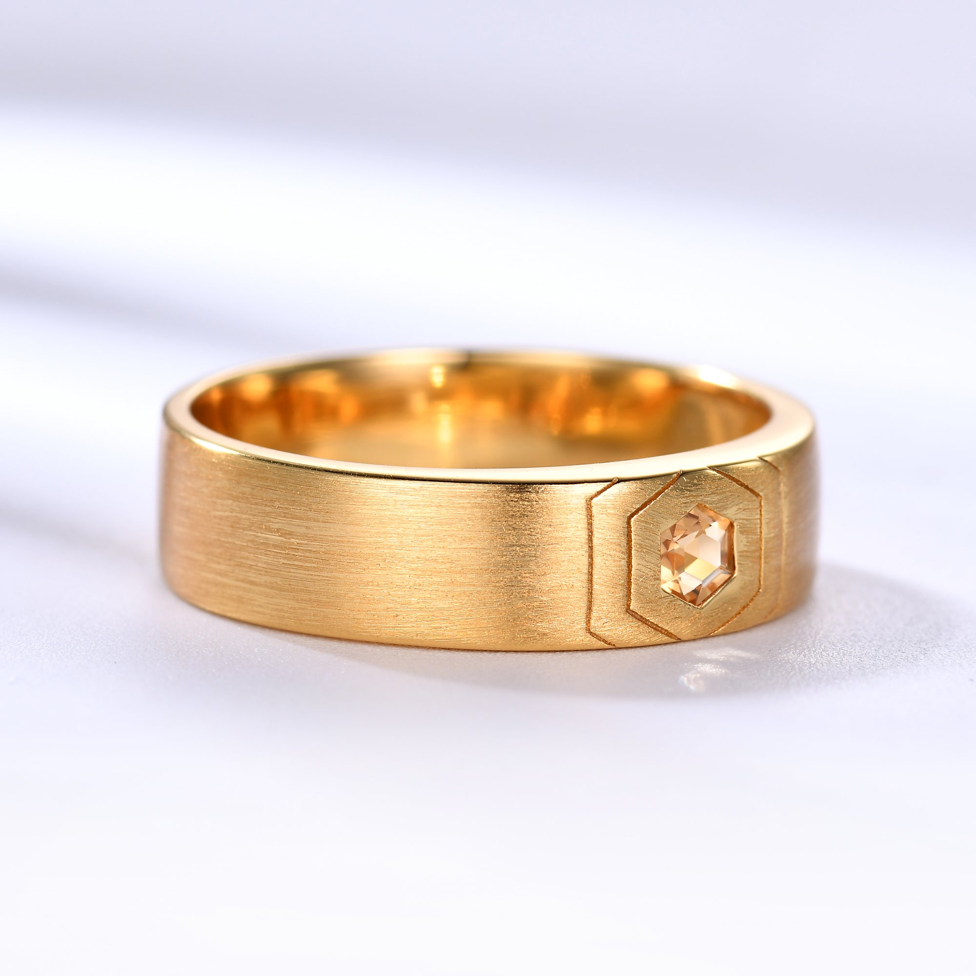 14K Yellow Gold Men's November Birthstone Hexagon Citrine Wedding Band - Perfect for Anniversaries, Engagements & Gifts