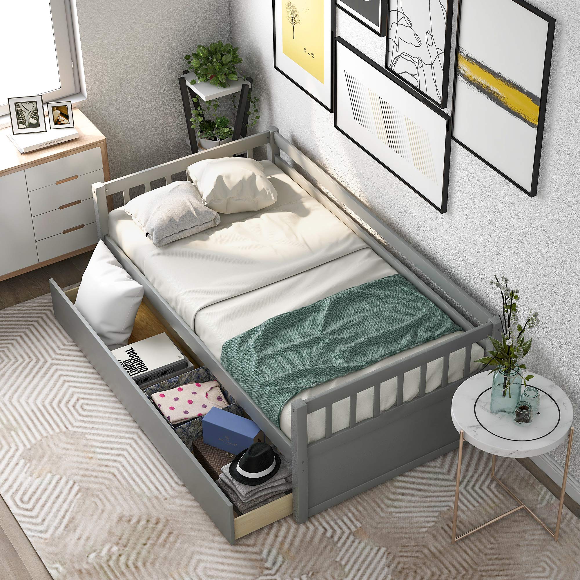 Twin Size Wooden Daybed with 2 Built-in Drawers, No Box Spring Needed - Convertible Sofa Bed Frame for Bedroom, Guest Room, Living Room (Gray) | Perfect for Small Spaces, Sleepovers & Multi-Functional Furniture Needs