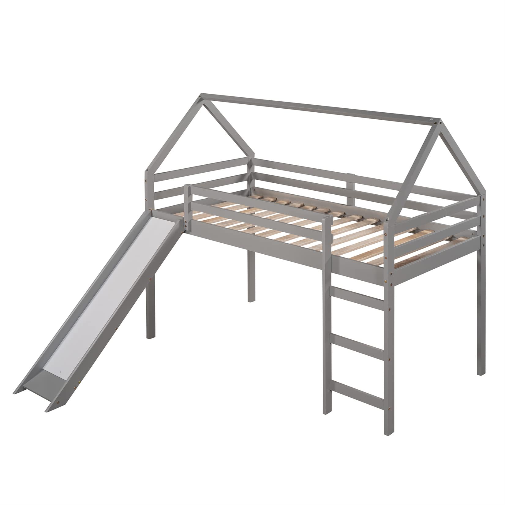 Kids Loft Bed with Slide & Ladder - Twin Size Playhouse Bunk Bed for Toddlers & Children - Gray - Perfect for Small Bedrooms, Playrooms & Kids' Sleepovers