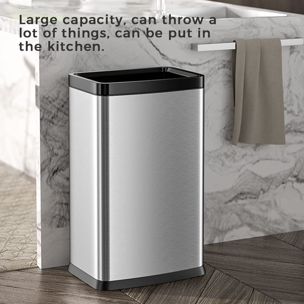 25L/6 Gallon Stainless Steel Square Trash Can - Large Kitchen & Office Commercial Garbage Bin (Silver, 11.8