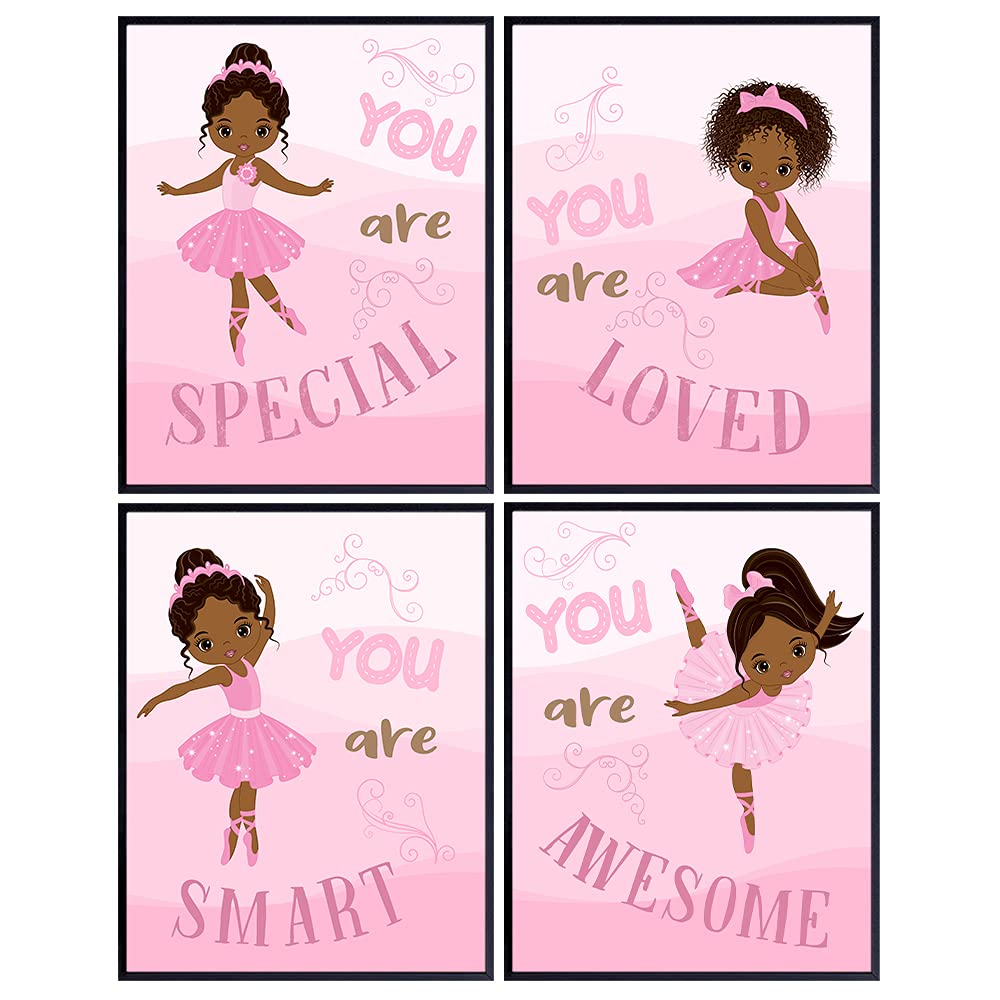 Black Ballerina Wall Art - African American Girl Room Decor for Toddler, Nursery & Little Girls Bedroom - Pink Themed Positive Quotes Wall Decorations | Perfect for Baby Shower Gifts, Kids Room Makeover & Inspirational Home Decor