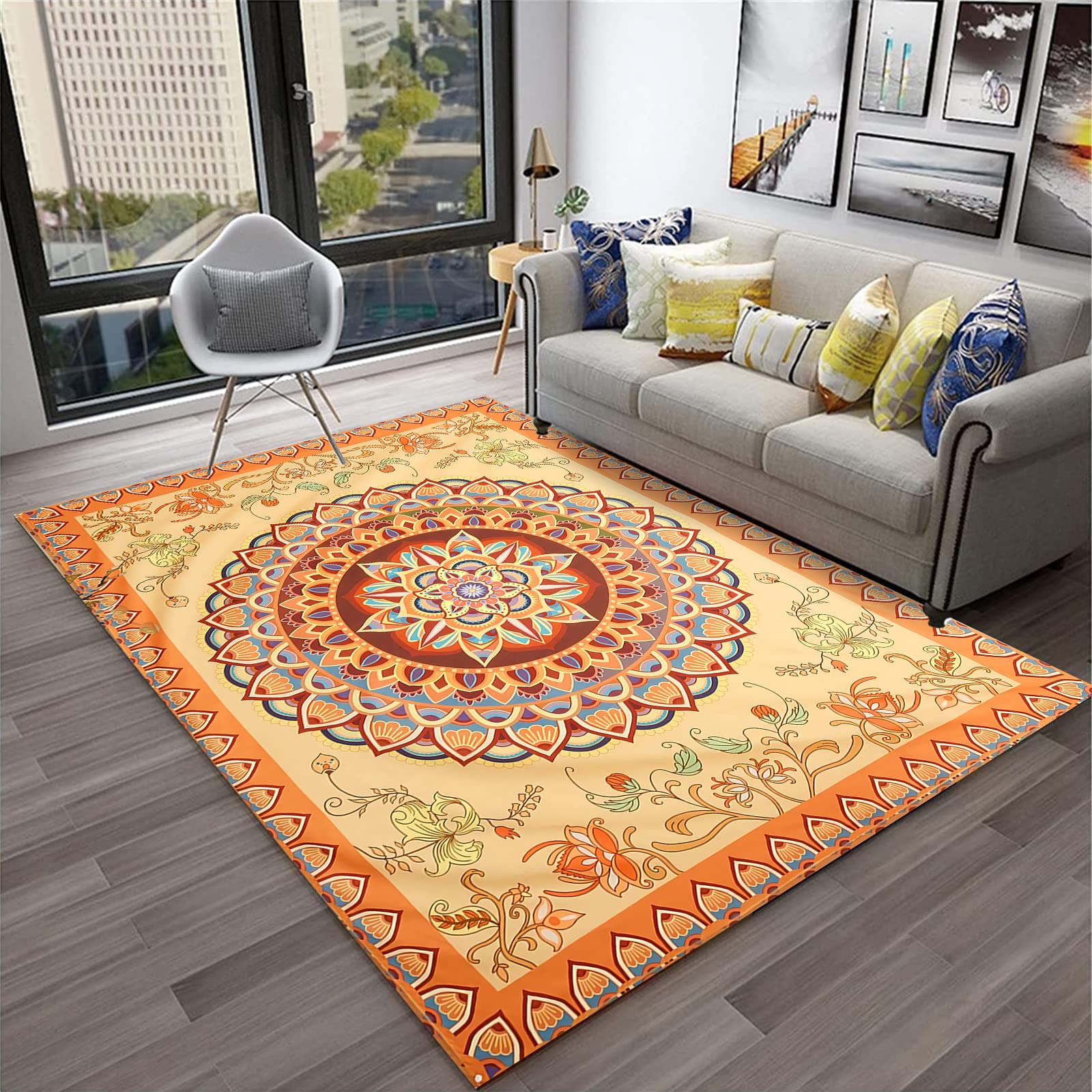 Vintage Floral Area Rug - Mandala Bohemian Rug for Living Room, Bedroom, Home Decor | Non-Slip Soft Washable Rug for Boho Chic Style