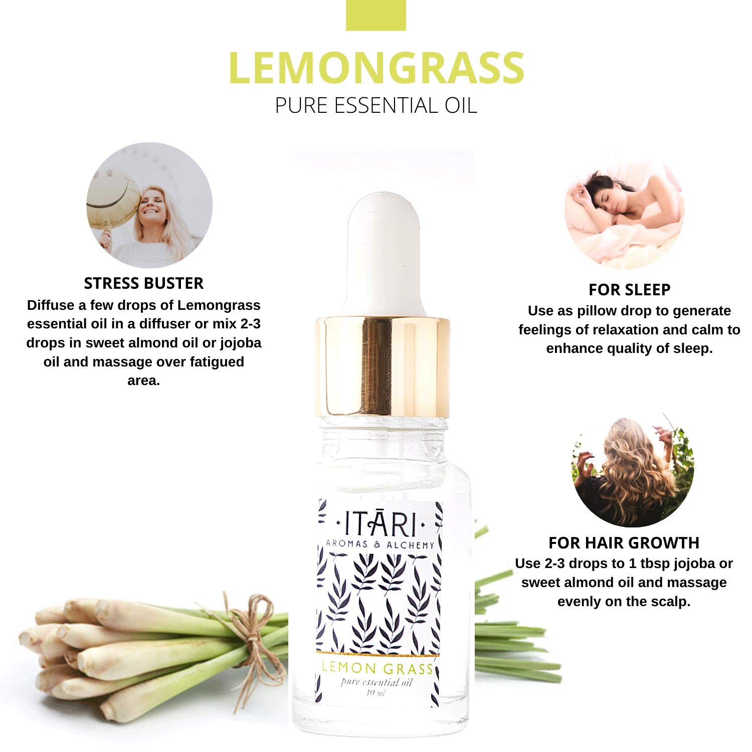 Itari 100% Pure Lemongrass Essential Oil - 10ml Natural Aromatherapy Oil for Hair Growth, Skin Care, Acne Treatment & Bug Repellent - Perfect for Diffusers, Massage & DIY Beauty Products