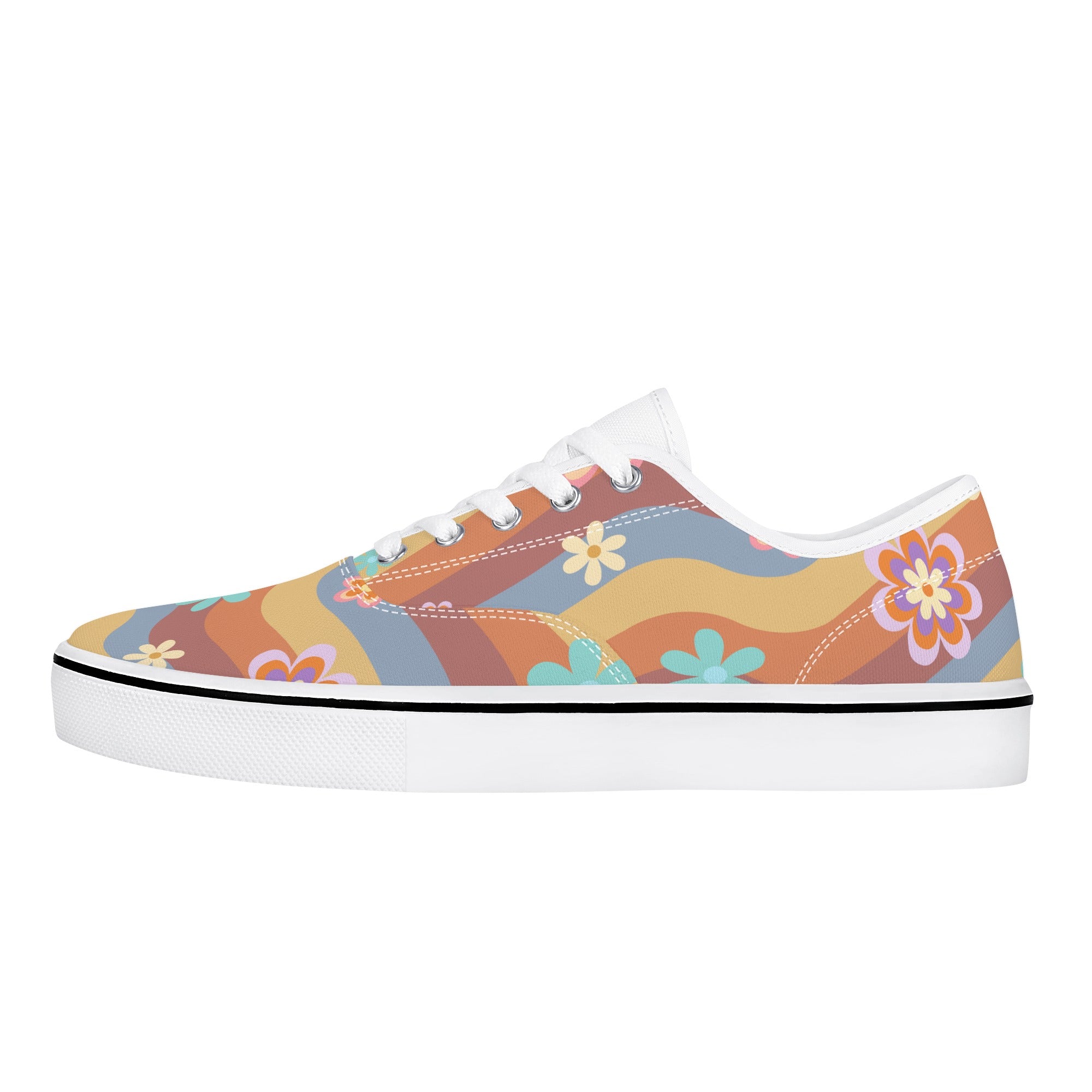 Women's Retro Floral Print Lace-Up Skate Sneakers - Vintage Hippie Style for Casual Wear & Street Fashion