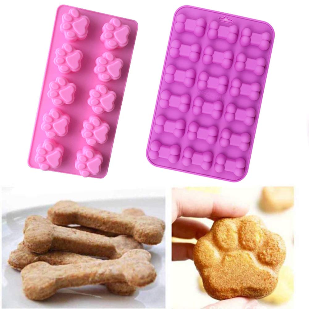 OREN 2-Piece Puppy Dog Paw & Bone Silicone Mold Set - Non-Stick Baking Molds for Dog Treats, Ice Cubes, Biscuits, Candies - Perfect for DIY Pet Snacks & Party Desserts