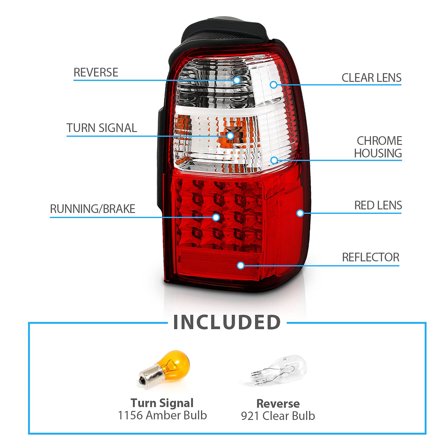 AmeriLite Red Clear LED Brake Tail Lights Replacement Set for 1996-2002 Toyota 4Runner - Left & Right Side - Enhanced Visibility & Safety for Night Driving & Off-Road Adventures