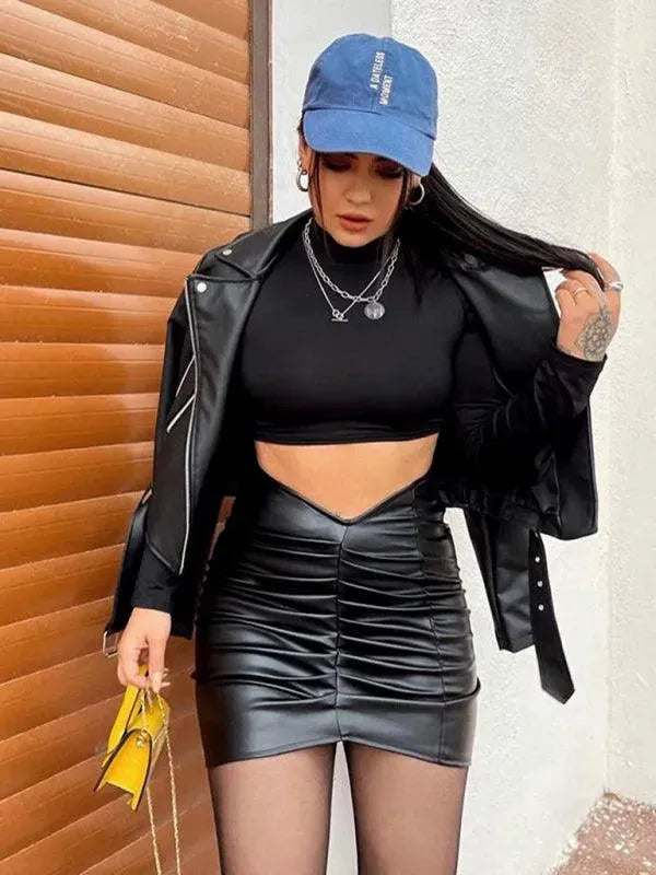 Stylish Pleated PU Leather Mini Skirt for Women - Trendy Faux Leather Skater Skirt - Perfect for Parties, Dating & Night Out