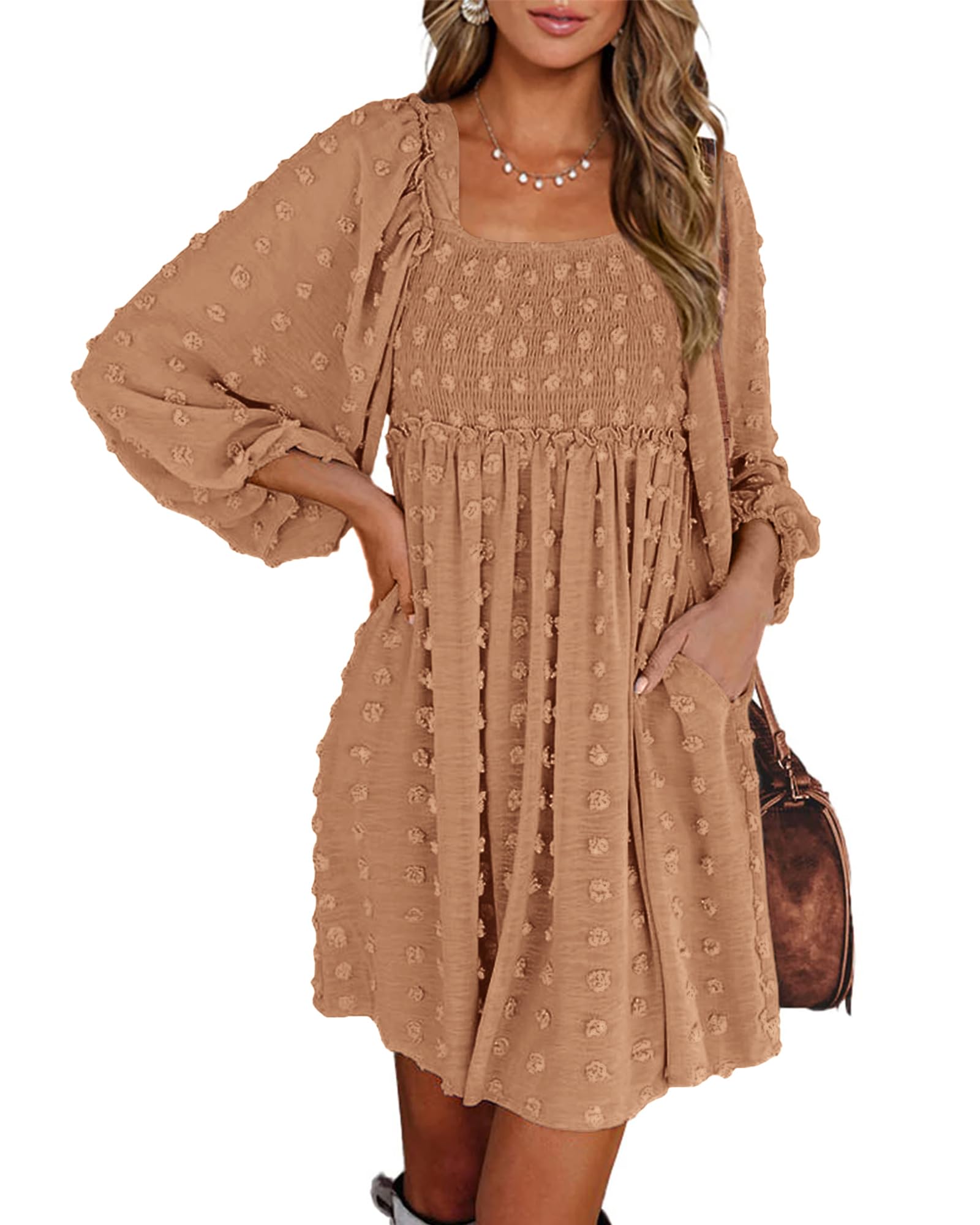 BTFBM Women's Floral Swiss Dot Boho Dress - Square Neck Smocked Long Sleeve Mini Dress for Wedding Guest, Spring & Summer 2025 | Perfect for Garden Parties, Bridal Showers & Date Nights