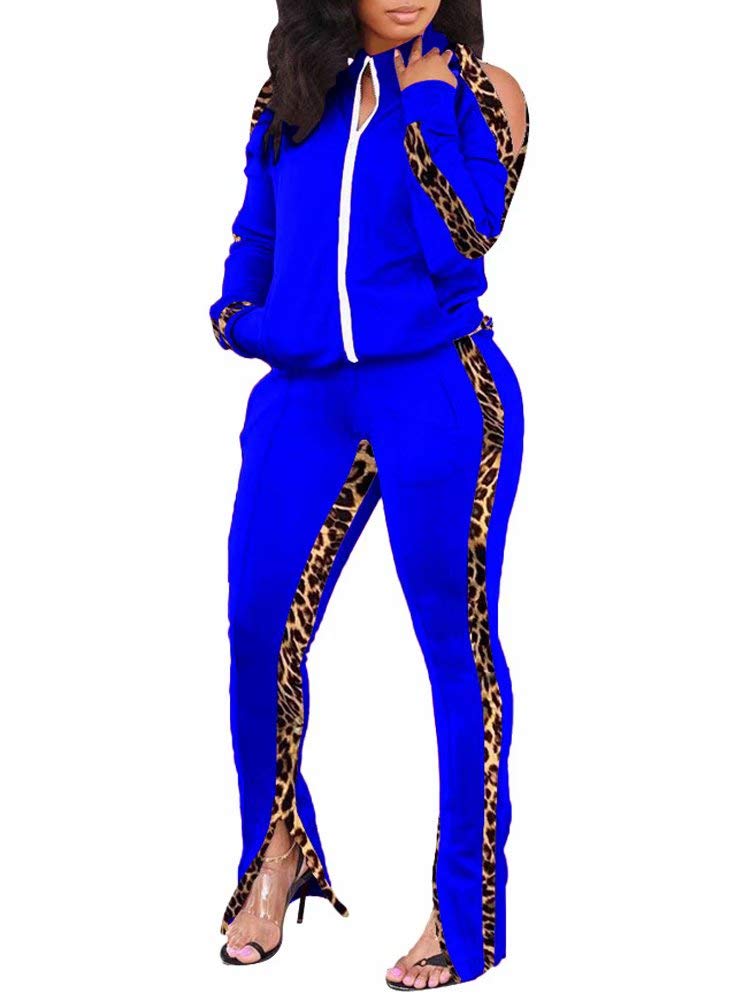Women's 2-Piece Jogger Set - Leopard Print Color Block Cold Shoulder Lounge Outfit | Casual Wear, Yoga, Gym, Running, Travel